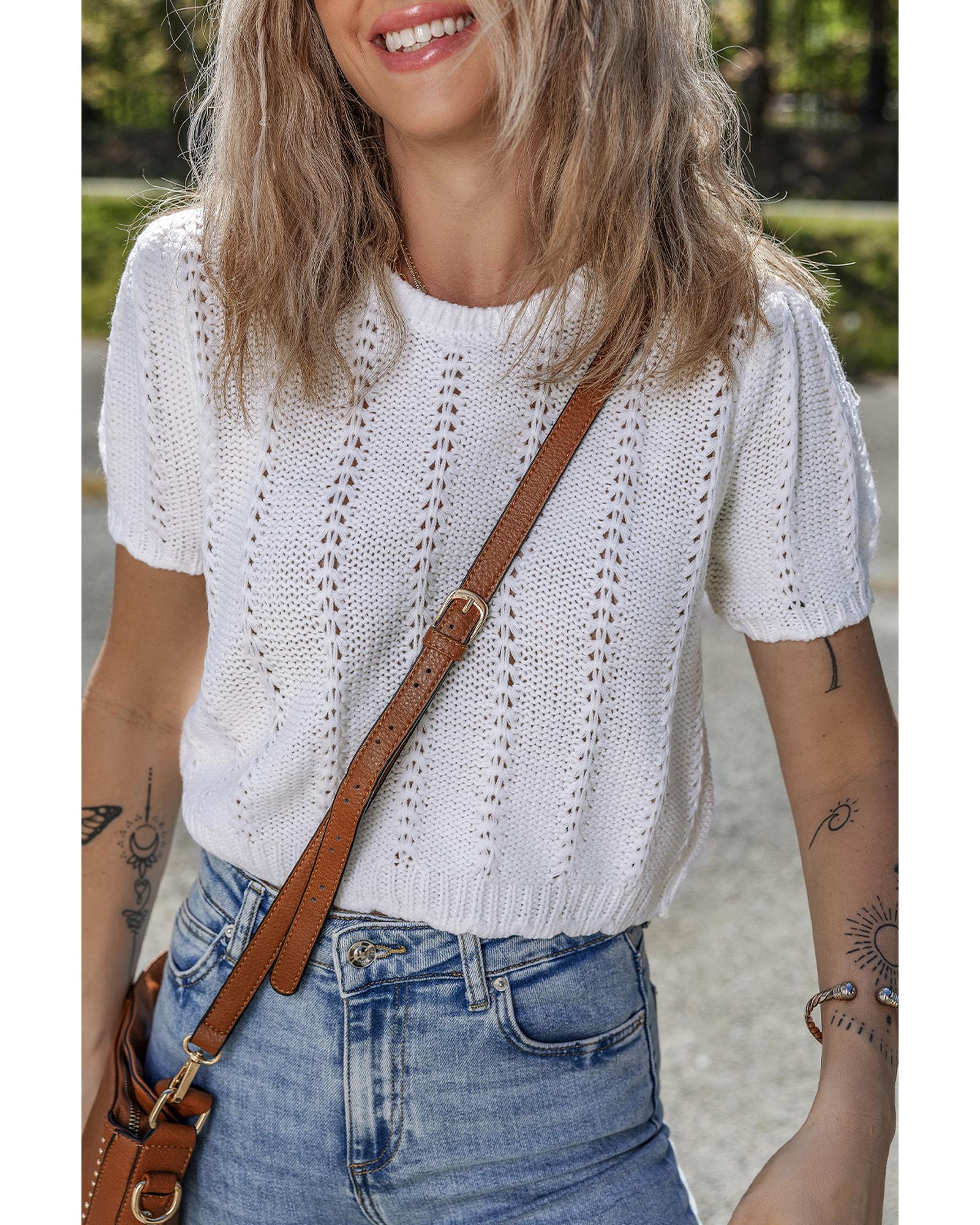 White Pointelle Knit Short Puff Sleeve Crewneck Sweater - L
