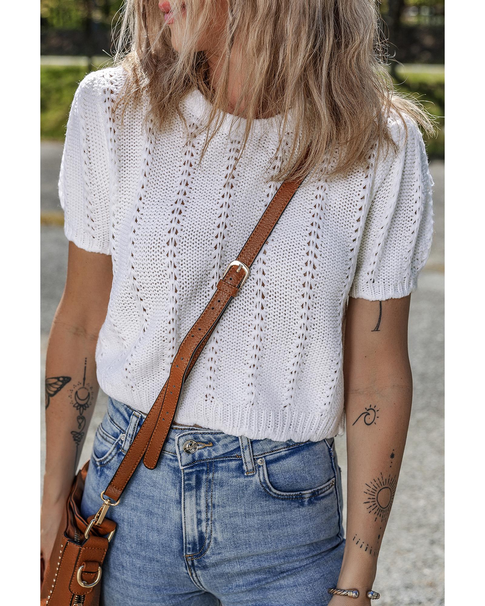 White Pointelle Knit Short Puff Sleeve Crewneck Sweater - L