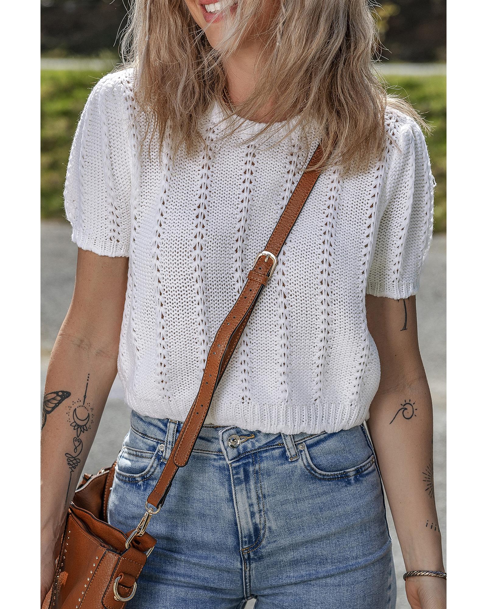 White Pointelle Knit Short Puff Sleeve Crewneck Sweater - L