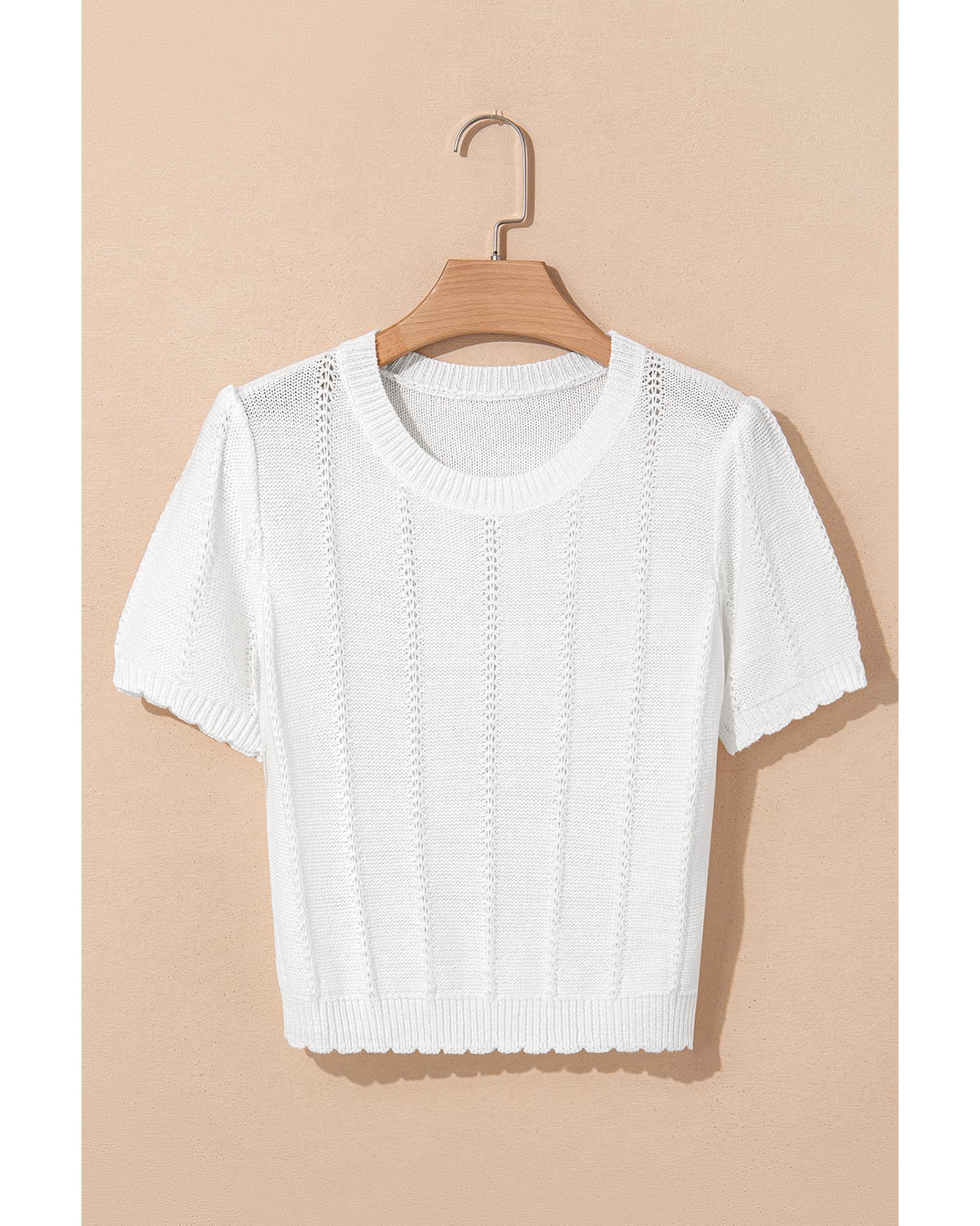 White Pointelle Knit Short Puff Sleeve Crewneck Sweater - L