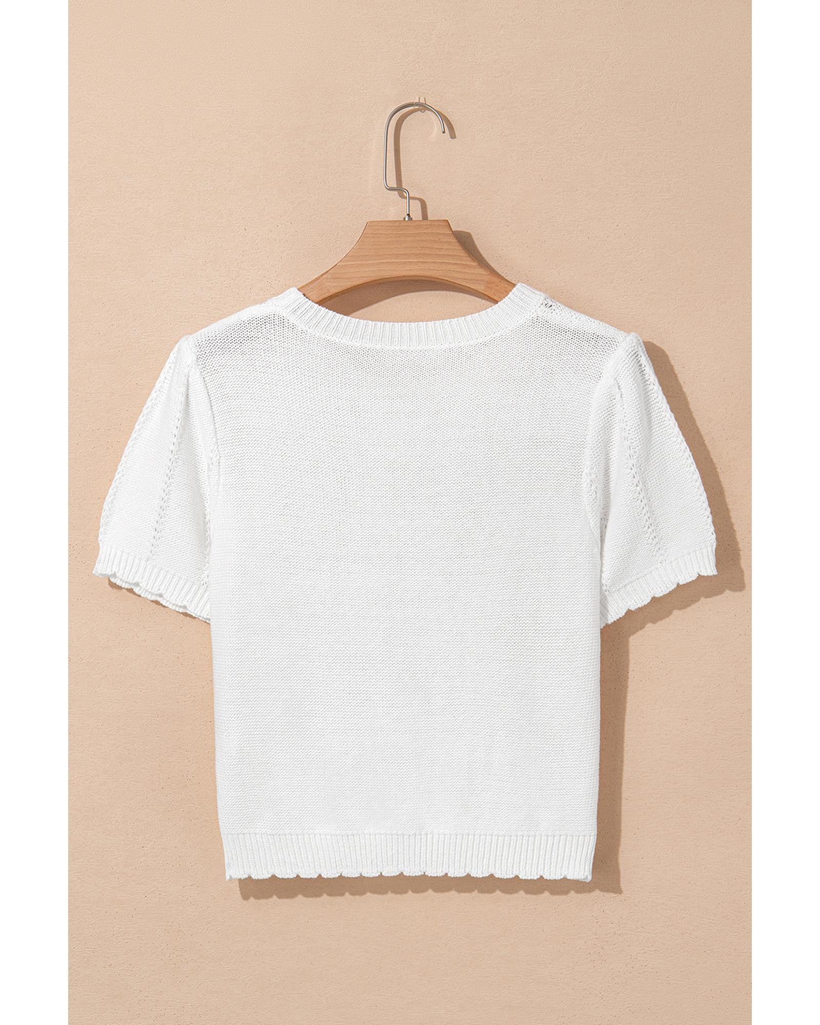 White Pointelle Knit Short Puff Sleeve Crewneck Sweater - L