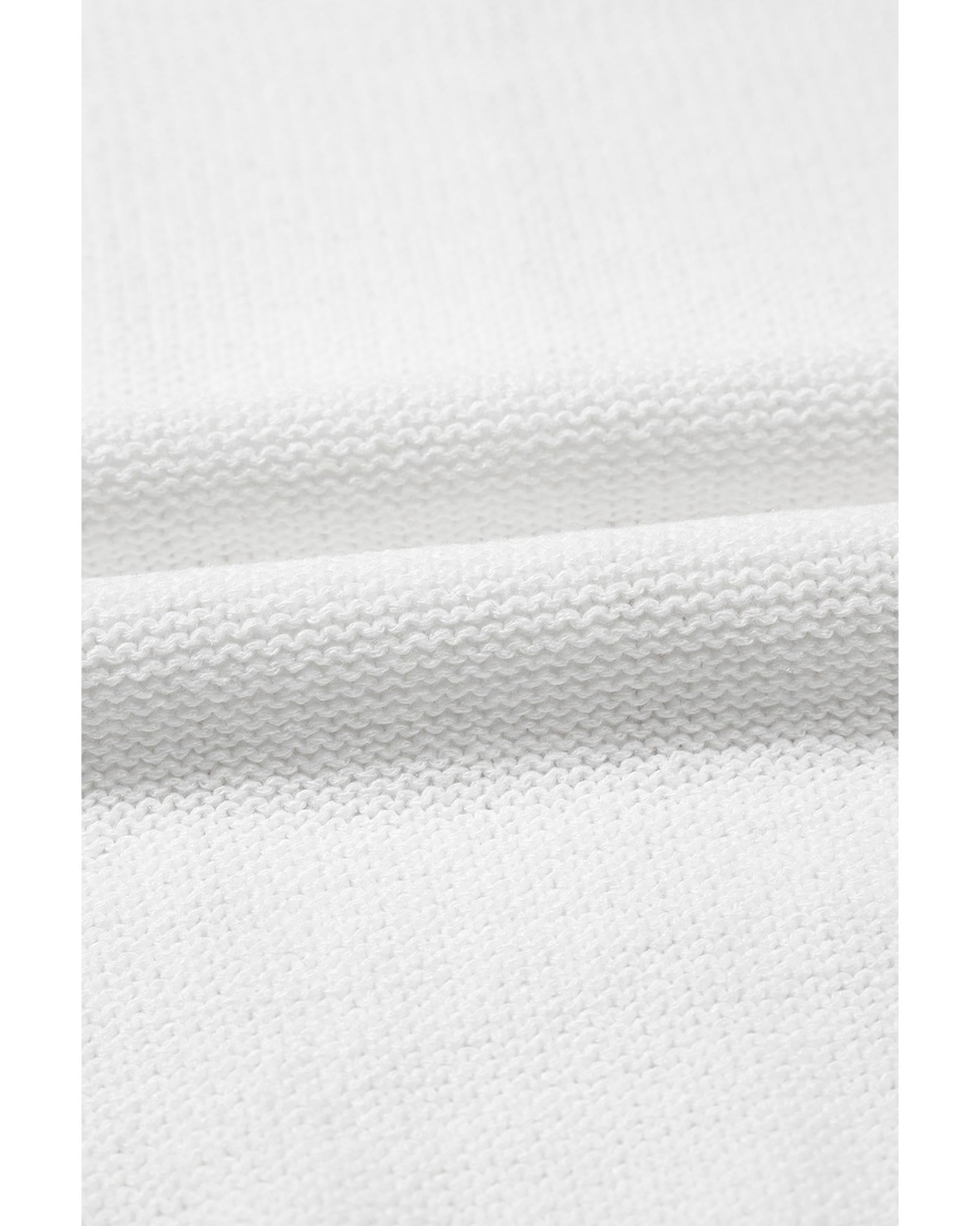 White Pointelle Knit Short Puff Sleeve Crewneck Sweater - L
