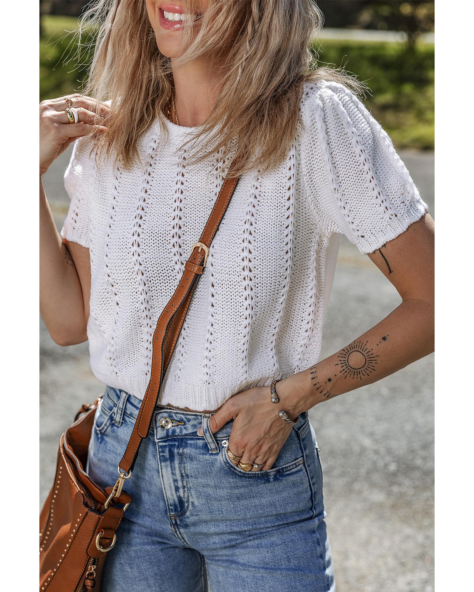 White Pointelle Knit Short Puff Sleeve Crewneck Sweater - M