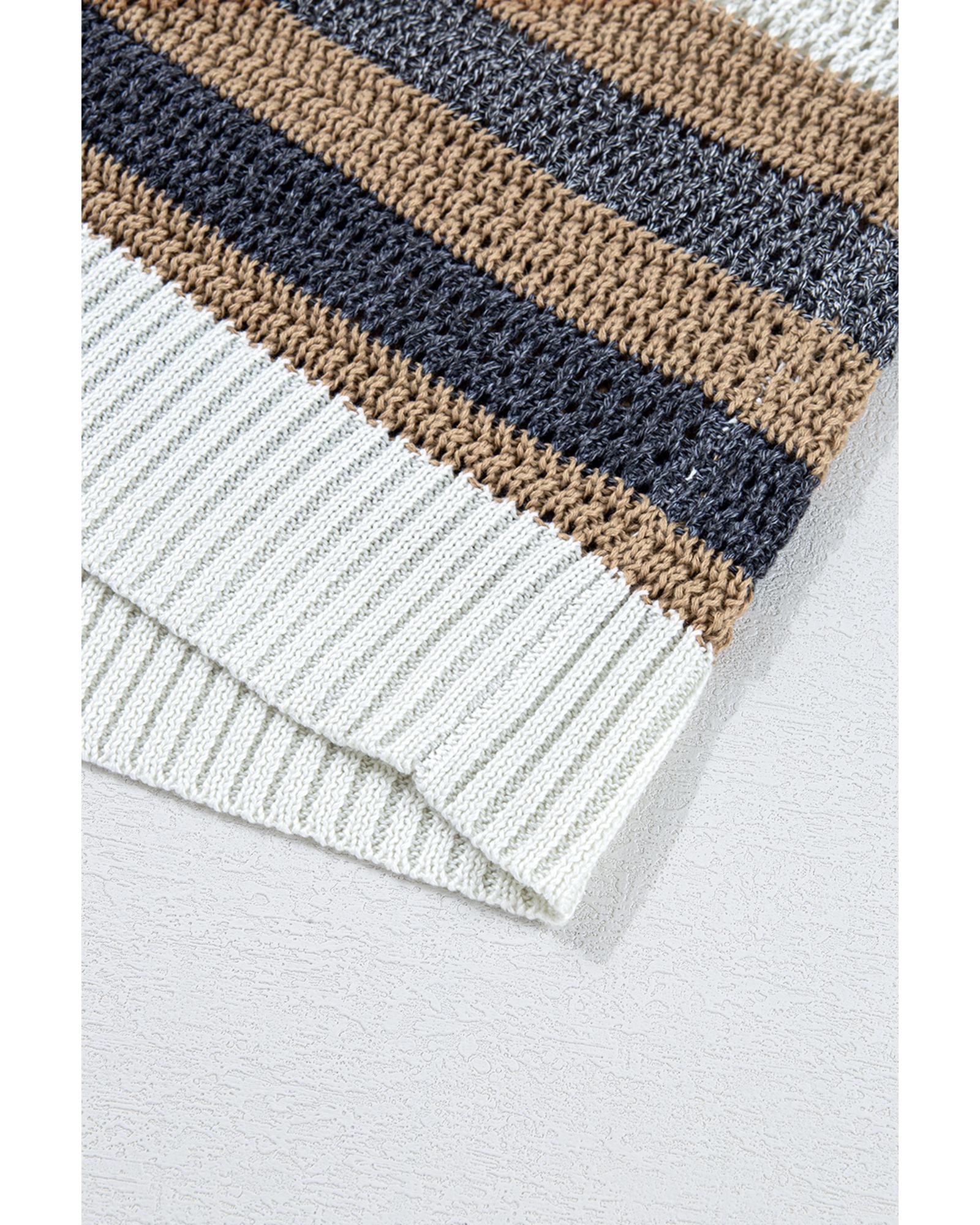 Pink Stripe Color Block Eyelet Knit Short Sleeve Sweater Tee - L