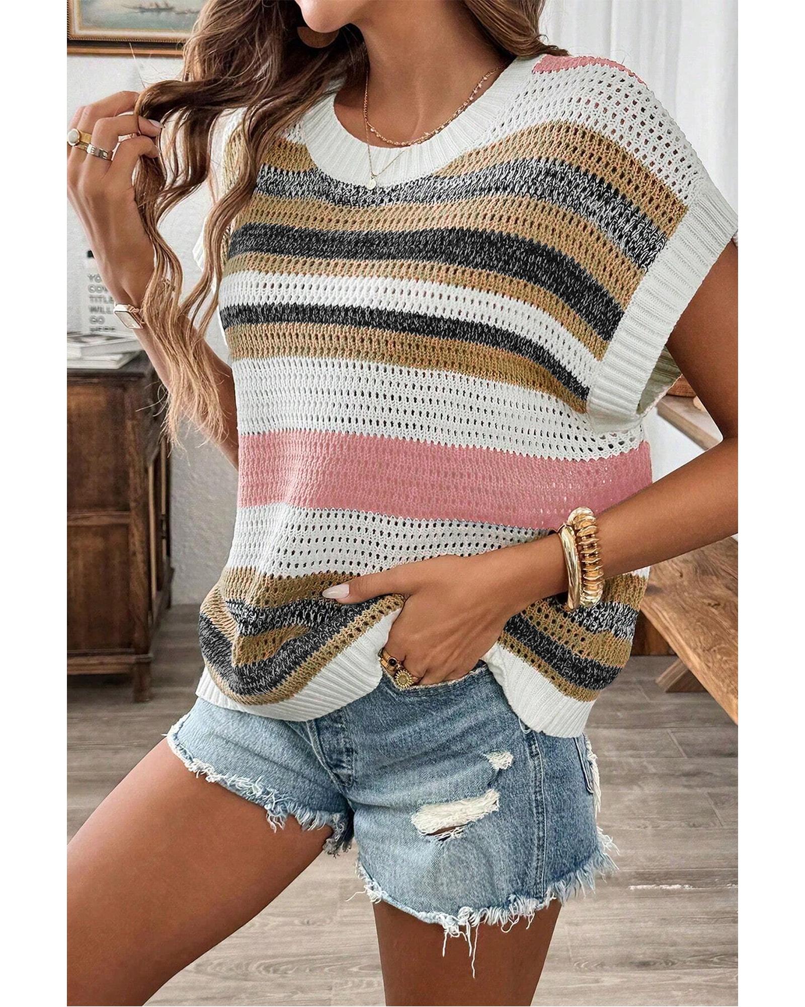 Pink Stripe Color Block Eyelet Knit Short Sleeve Sweater Tee - L