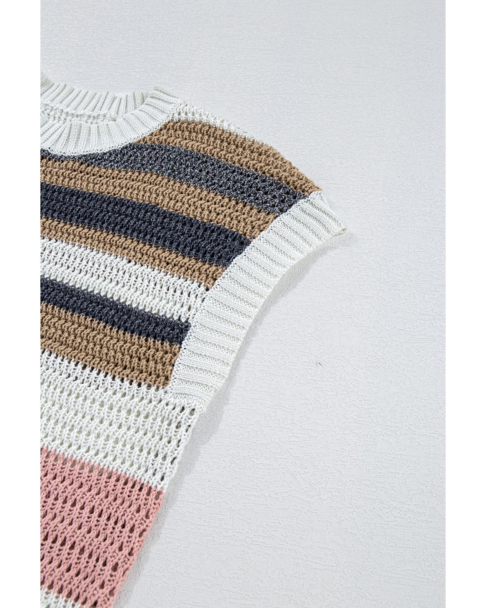 Pink Stripe Color Block Eyelet Knit Short Sleeve Sweater Tee - L