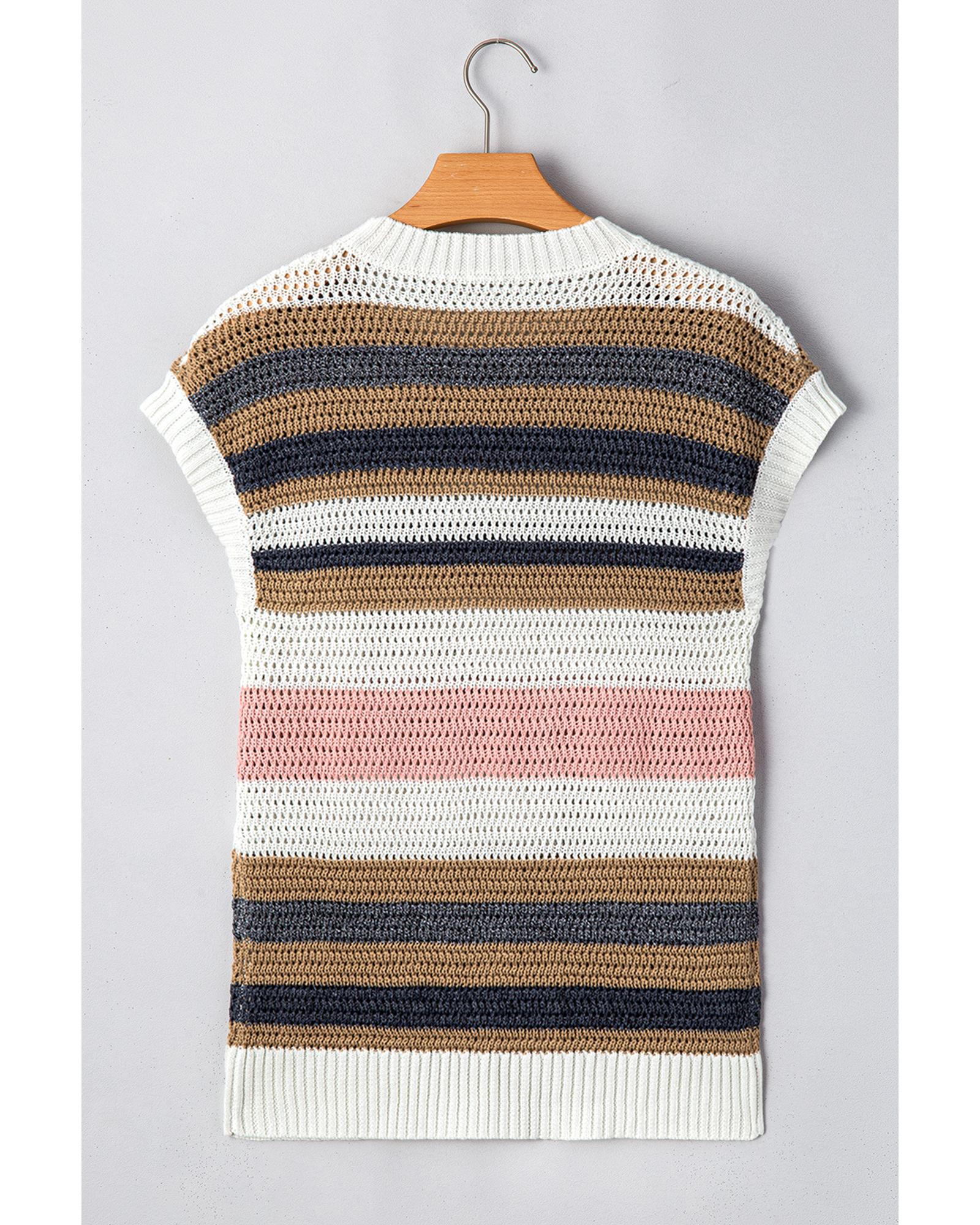 Pink Stripe Color Block Eyelet Knit Short Sleeve Sweater Tee - L