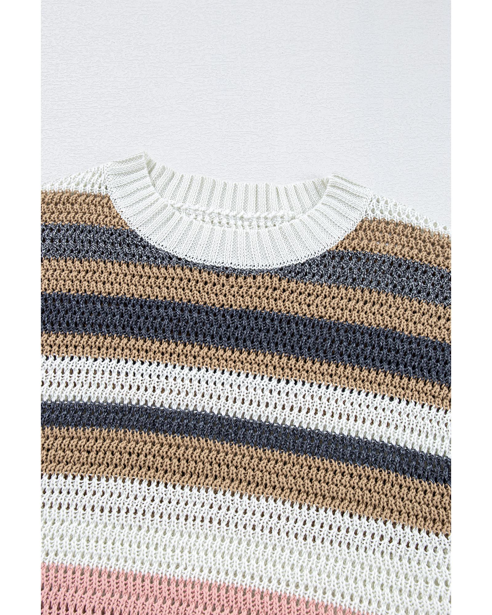 Pink Stripe Color Block Eyelet Knit Short Sleeve Sweater Tee - L