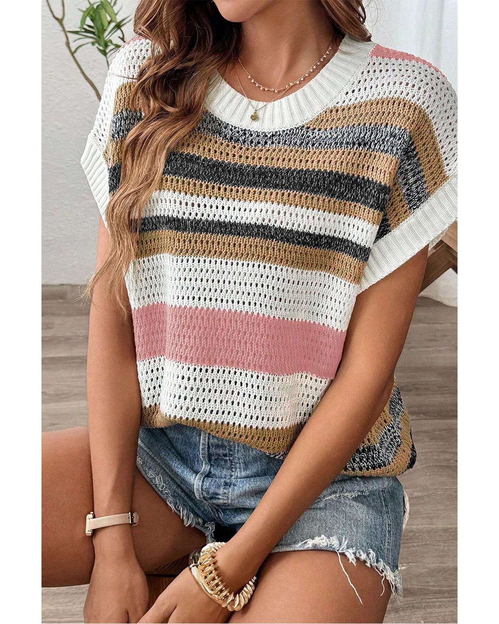 Pink Stripe Color Block Eyelet Knit Short Sleeve Sweater Tee - XL