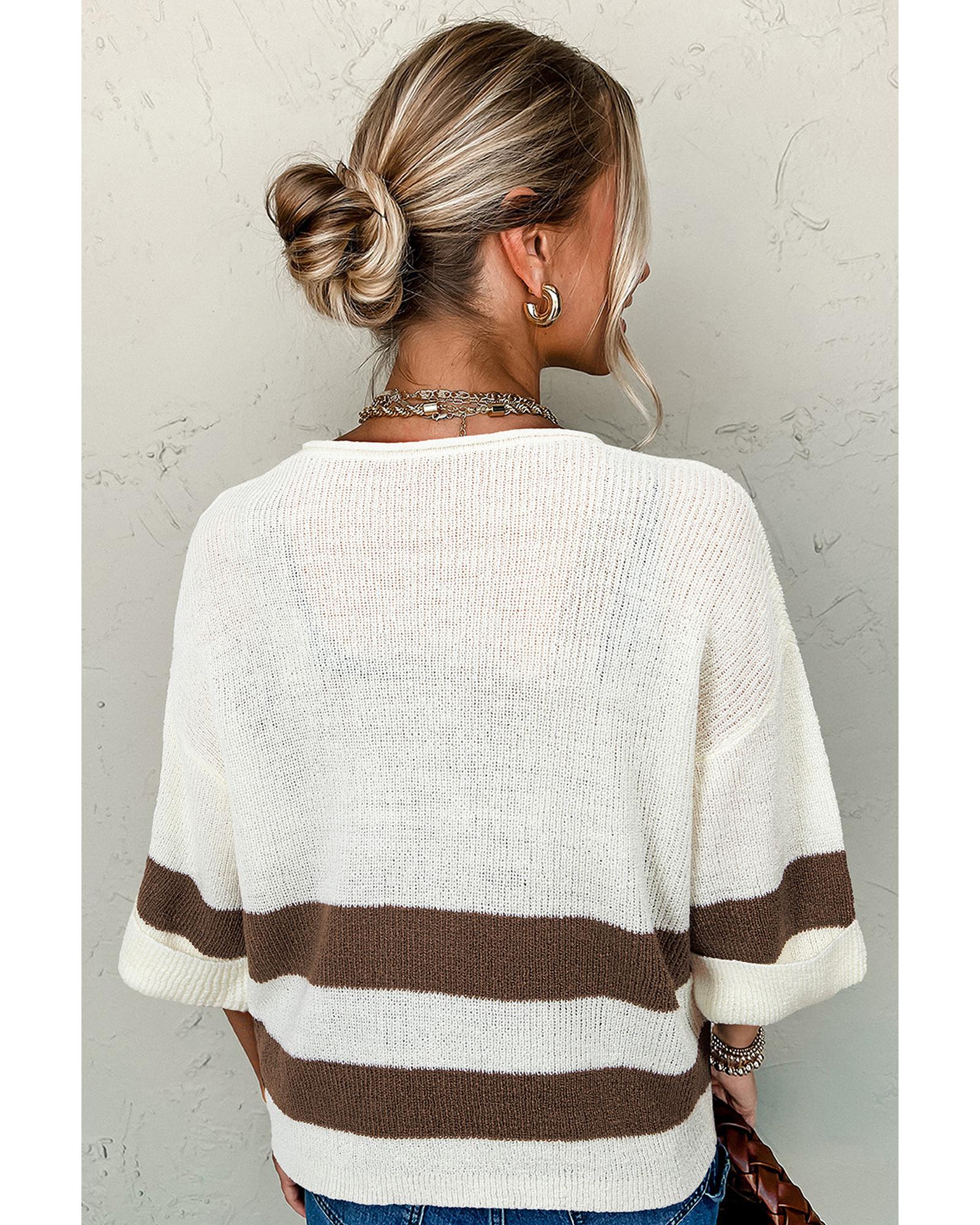 Brown Striped Accent Notched V Neck Cropped Sweater T Shirt - M