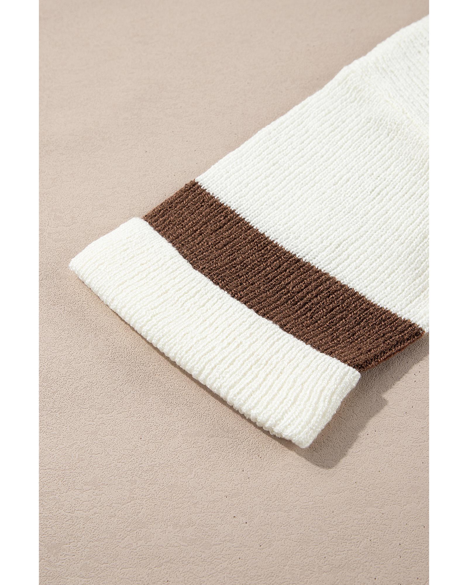 Brown Striped Accent Notched V Neck Cropped Sweater T Shirt - M