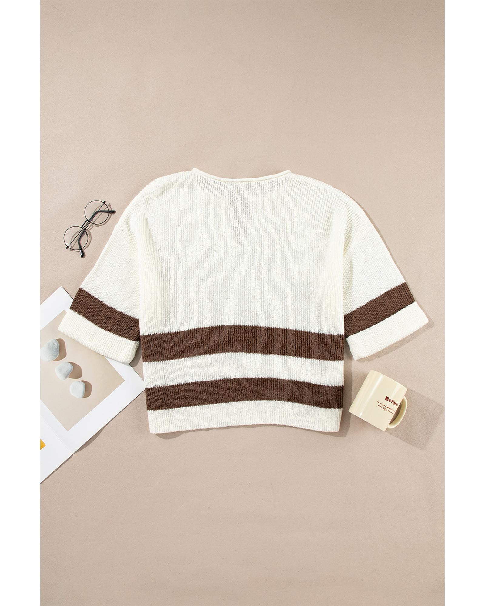 Brown Striped Accent Notched V Neck Cropped Sweater T Shirt - M