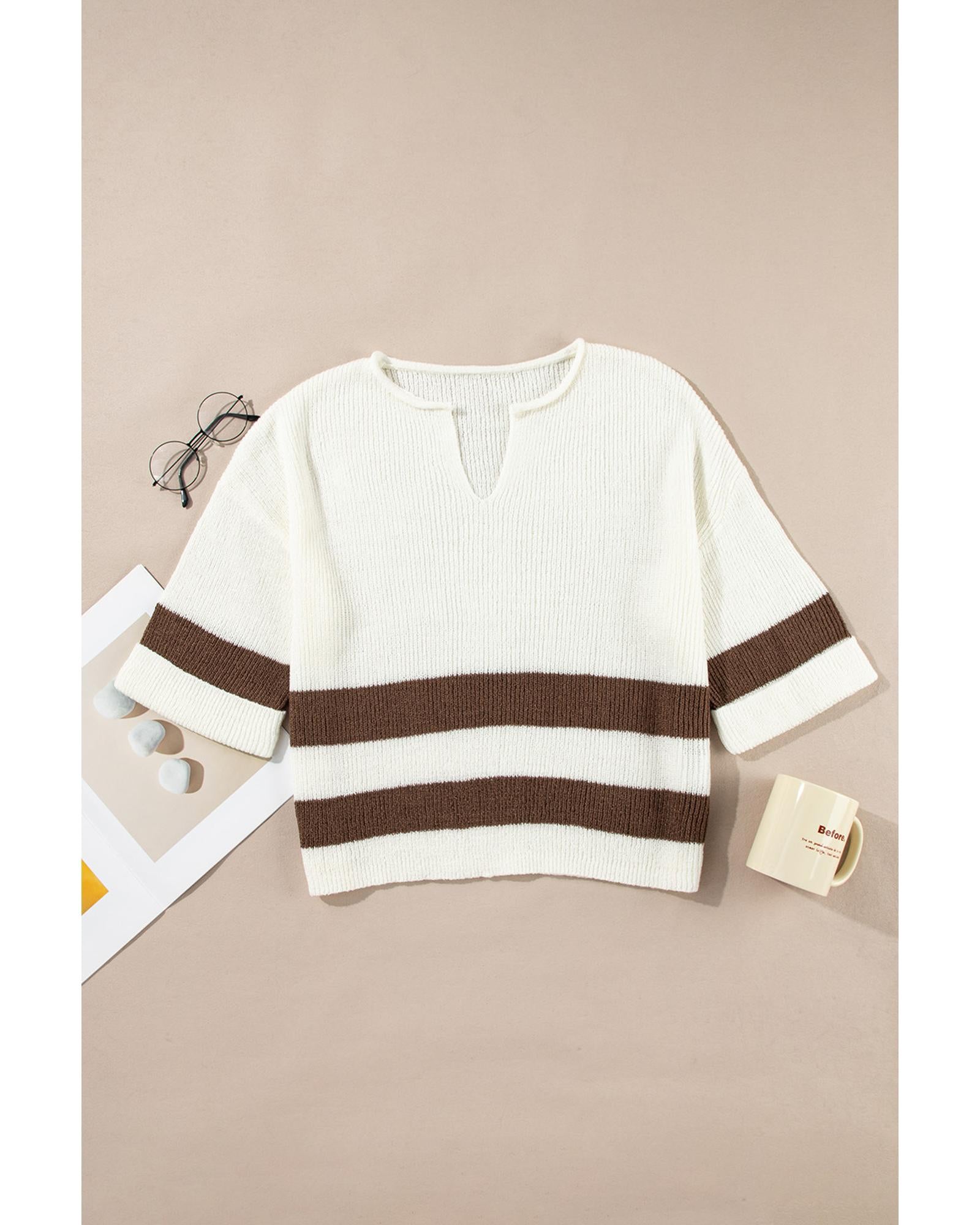 Brown Striped Accent Notched V Neck Cropped Sweater T Shirt - M