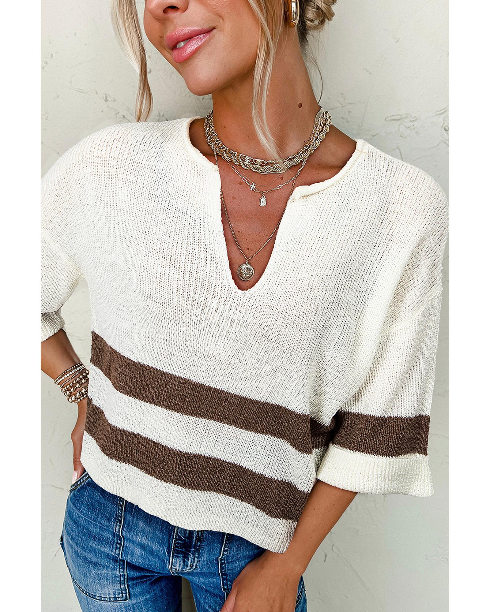 Brown Striped Accent Notched V Neck Cropped Sweater T Shirt - M