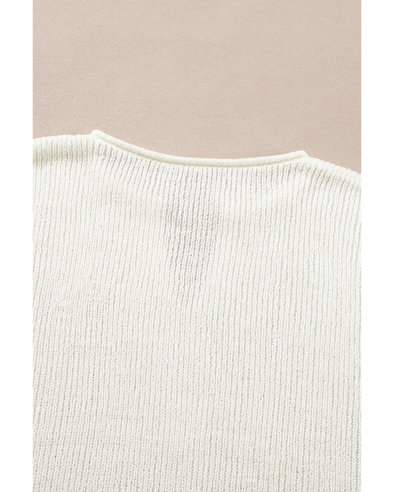 Brown Striped Accent Notched V Neck Cropped Sweater T Shirt - M