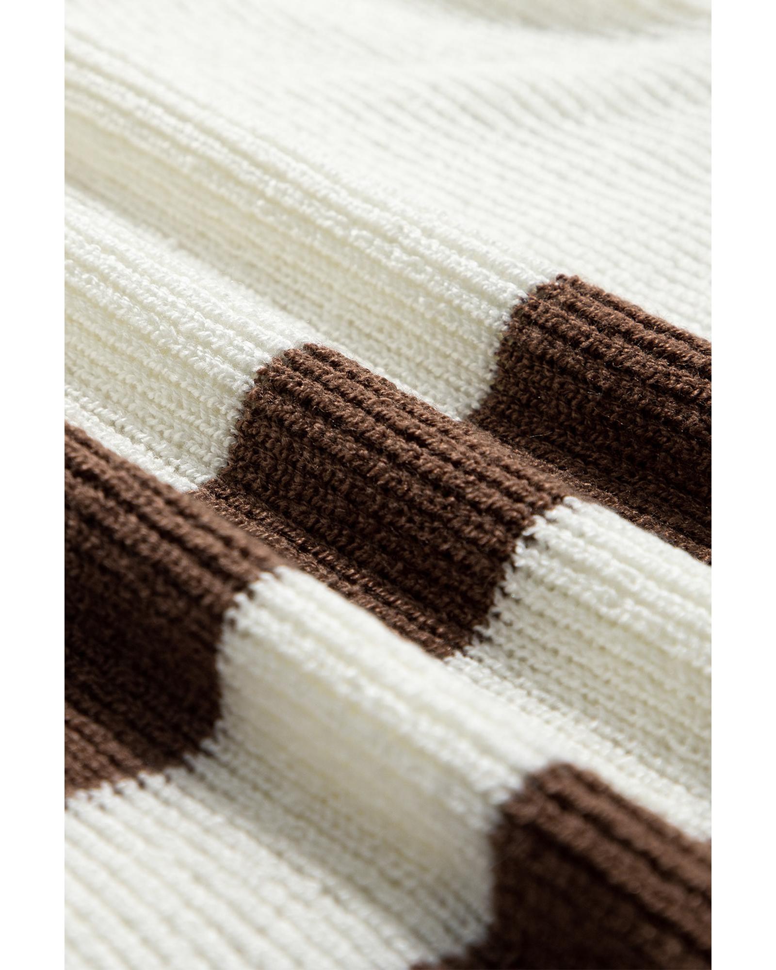 Brown Striped Accent Notched V Neck Cropped Sweater T Shirt - M