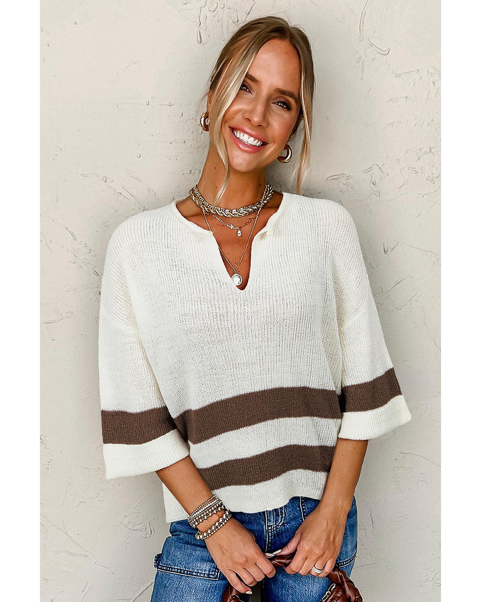 Brown Striped Accent Notched V Neck Cropped Sweater T Shirt - M