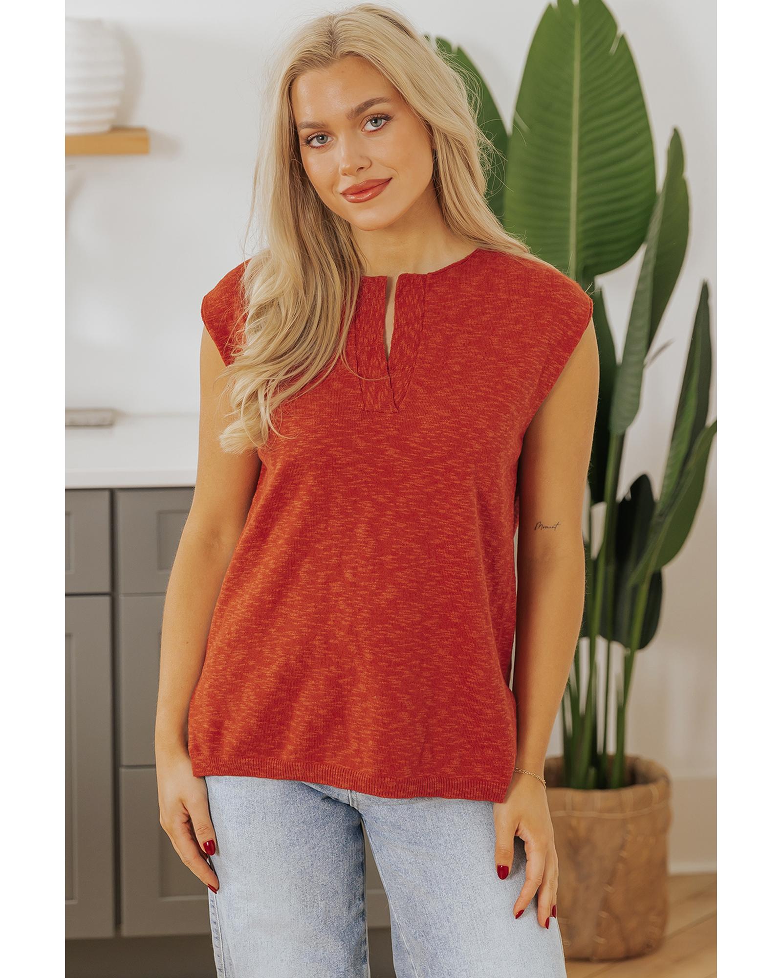 Orange Solid Color Split V Neck Short Sleeve Sweater - M