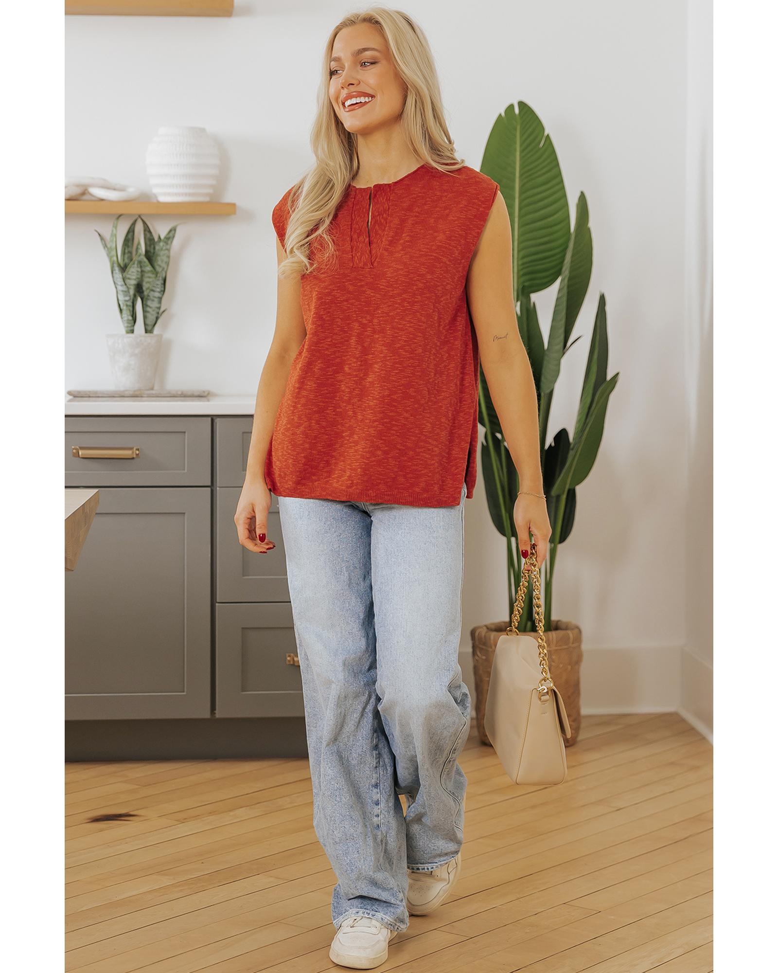 Orange Solid Color Split V Neck Short Sleeve Sweater - M