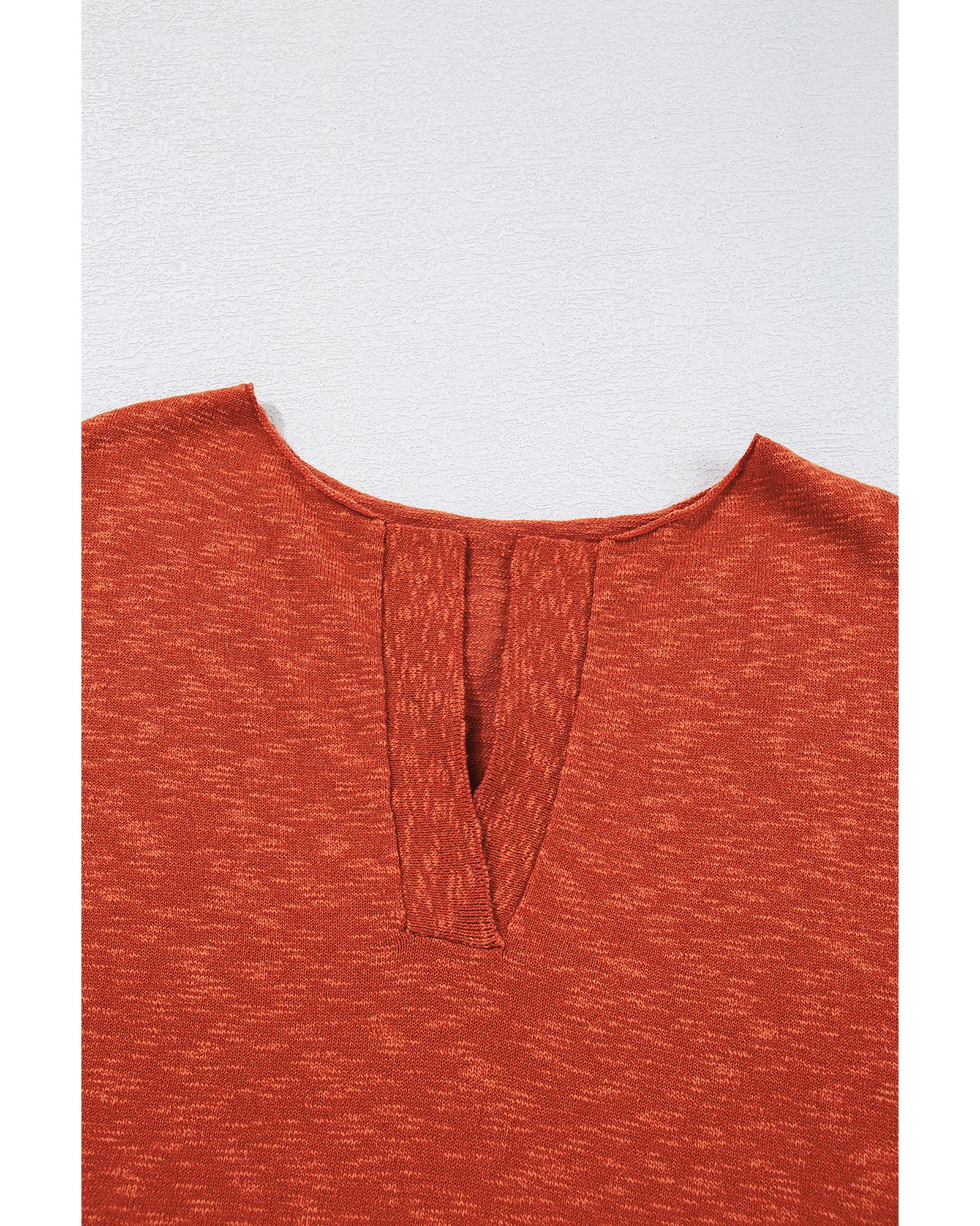 Orange Solid Color Split V Neck Short Sleeve Sweater - M