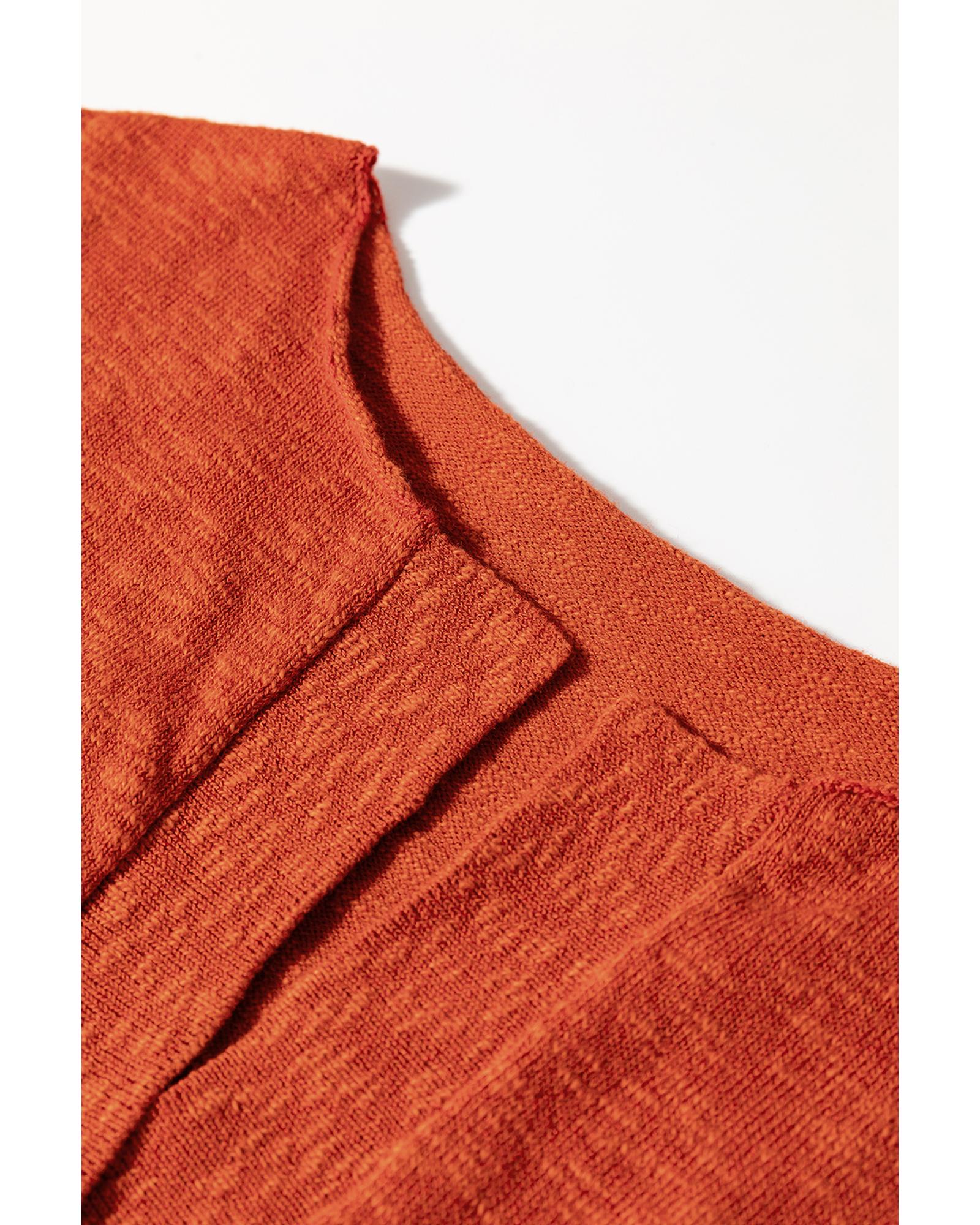 Orange Solid Color Split V Neck Short Sleeve Sweater - M