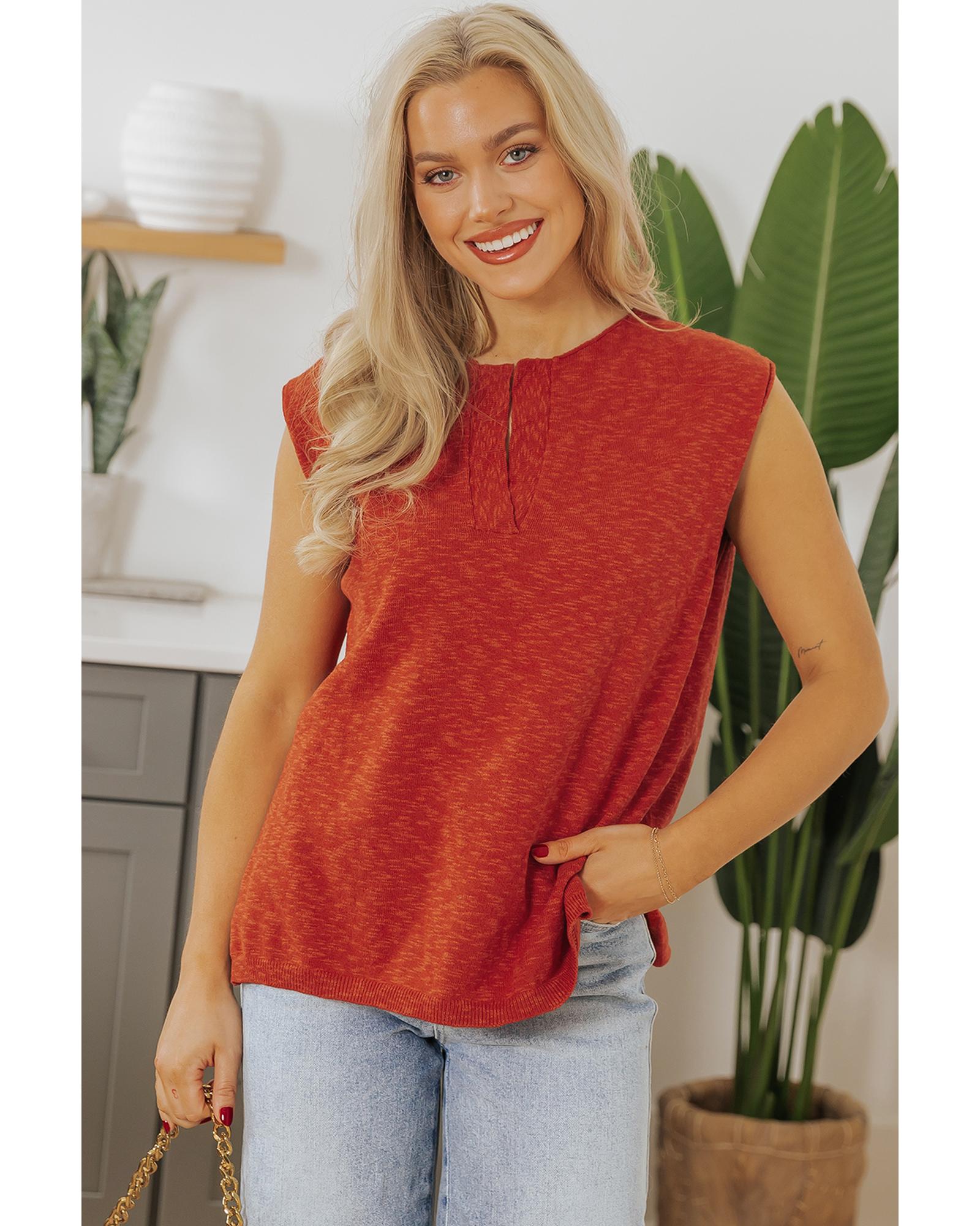 Orange Solid Color Split V Neck Short Sleeve Sweater - M