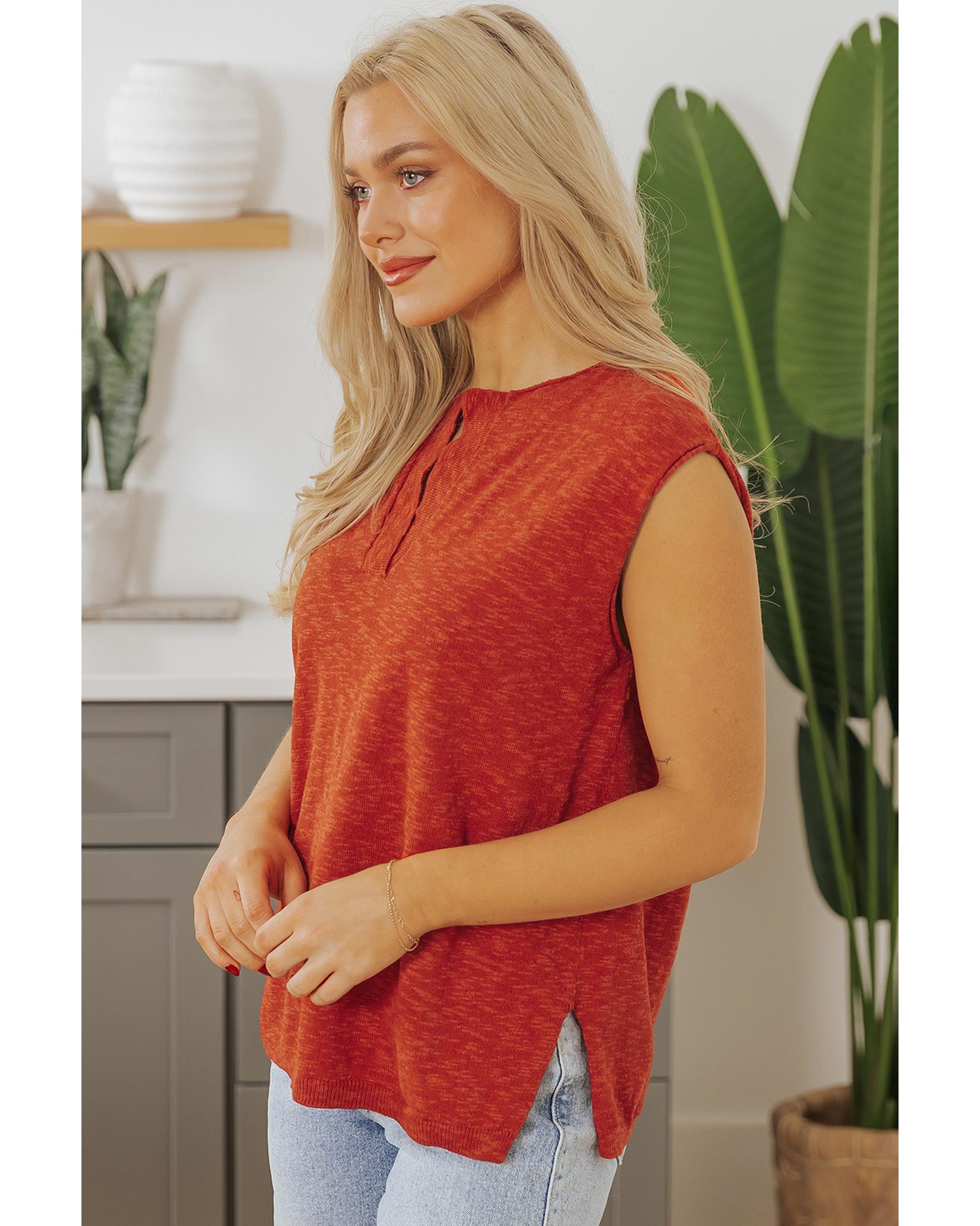 Orange Solid Color Split V Neck Short Sleeve Sweater - M