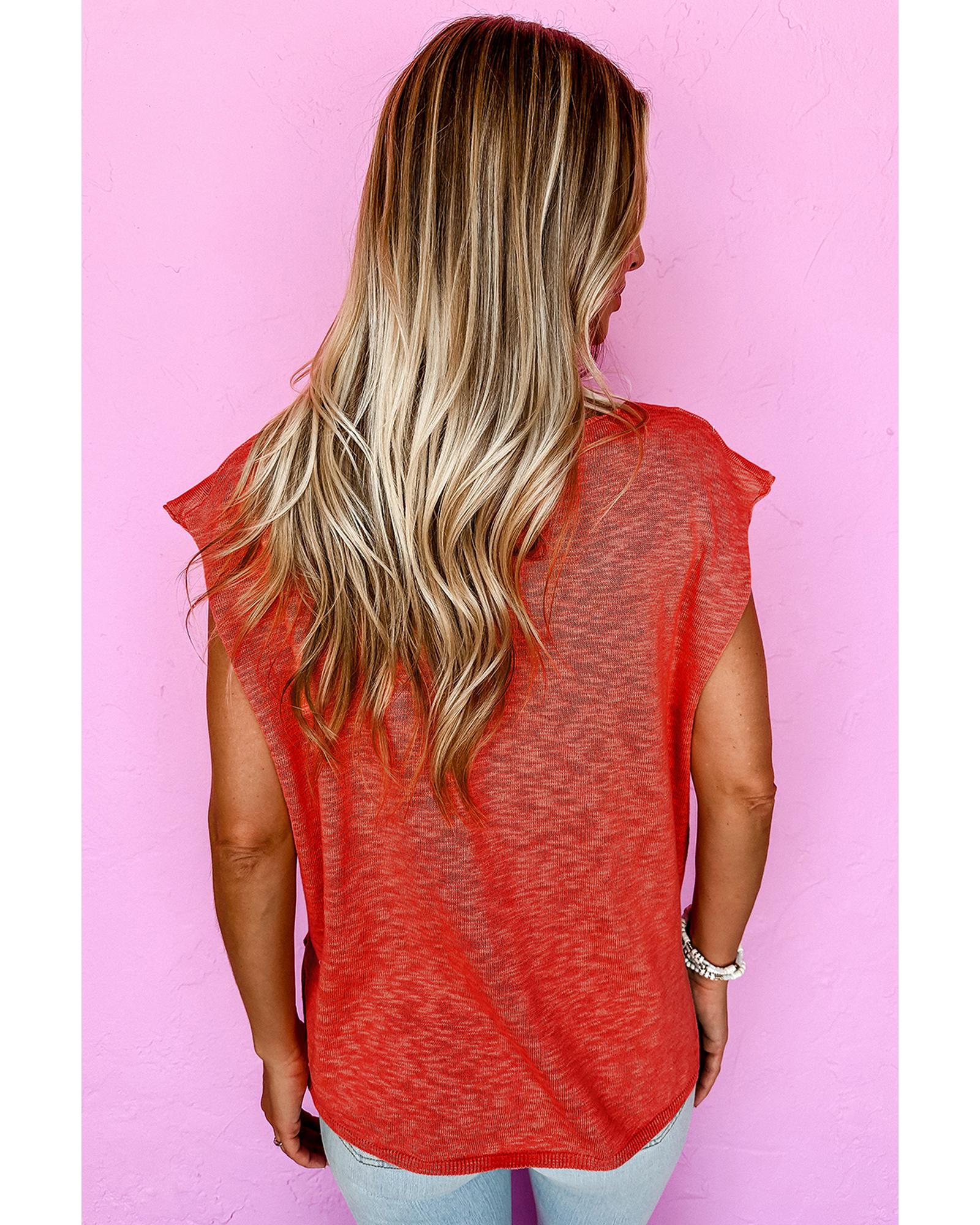Orange Solid Color Split V Neck Short Sleeve Sweater - M