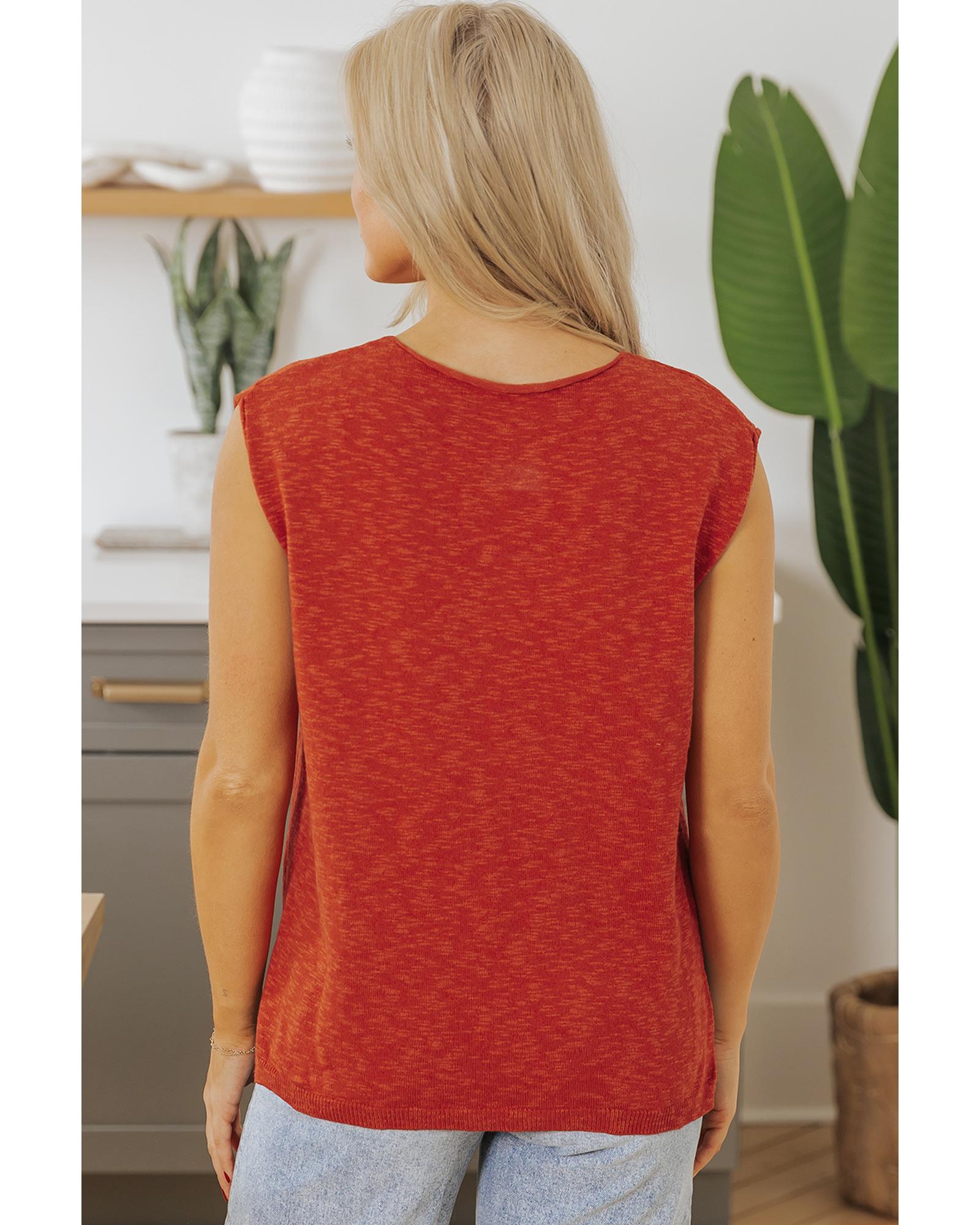 Orange Solid Color Split V Neck Short Sleeve Sweater - M