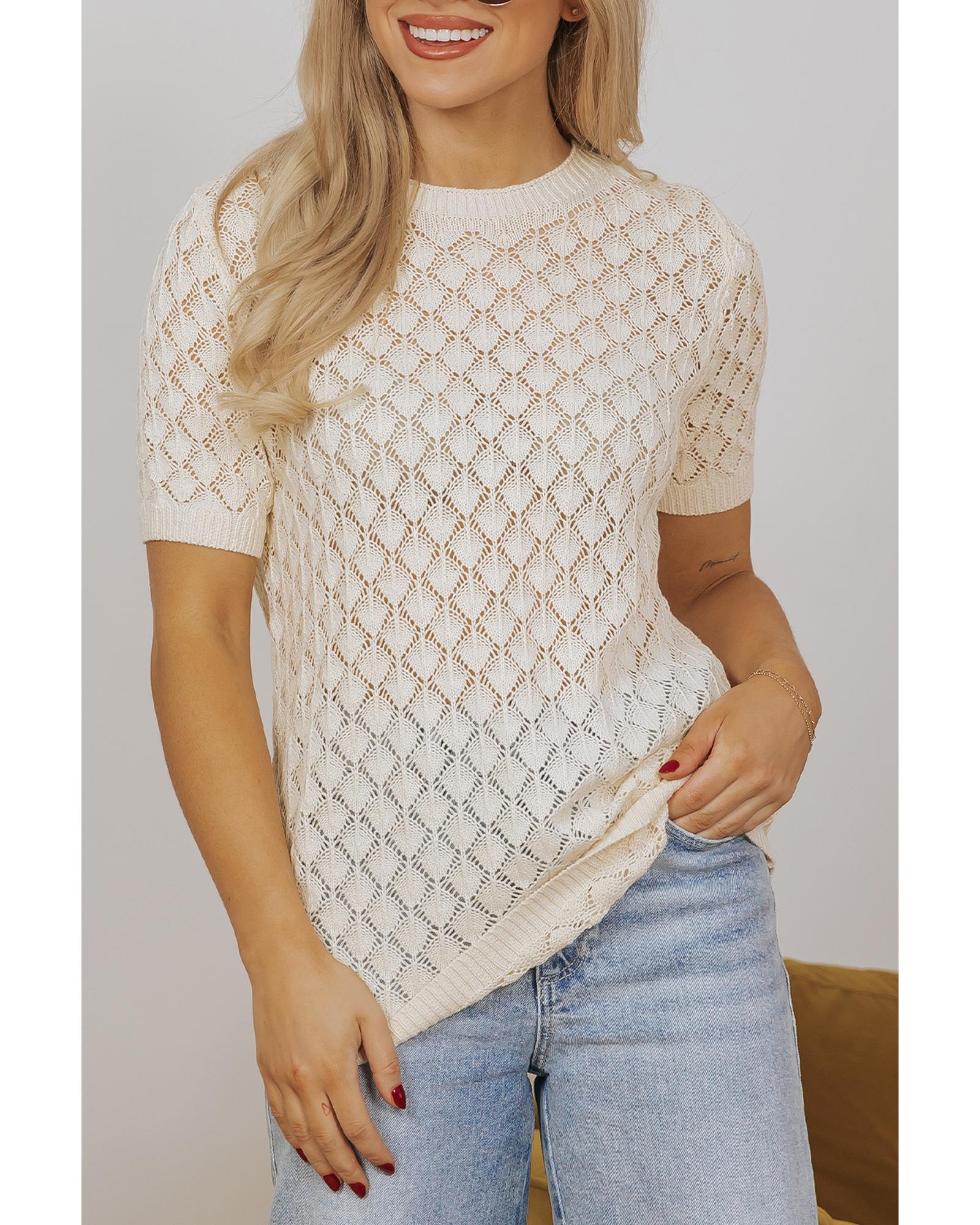 Beige Hollow Out Crochet O Neck Short Sleeve Sweater Tee - L