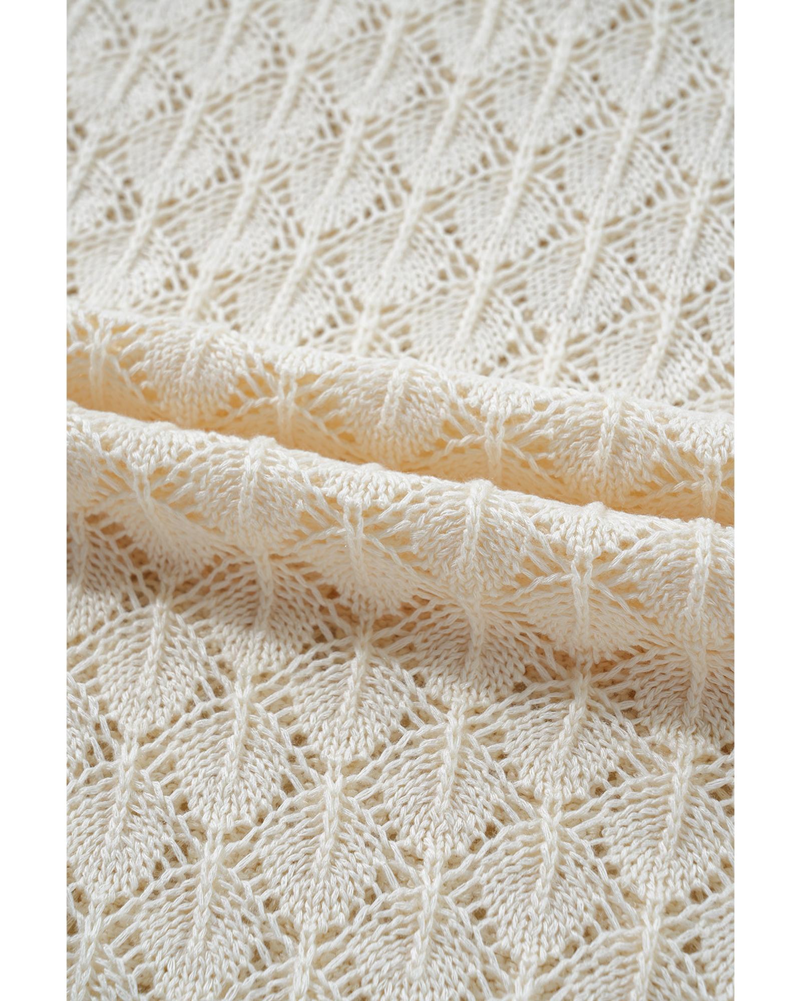 Beige Hollow Out Crochet O Neck Short Sleeve Sweater Tee - L