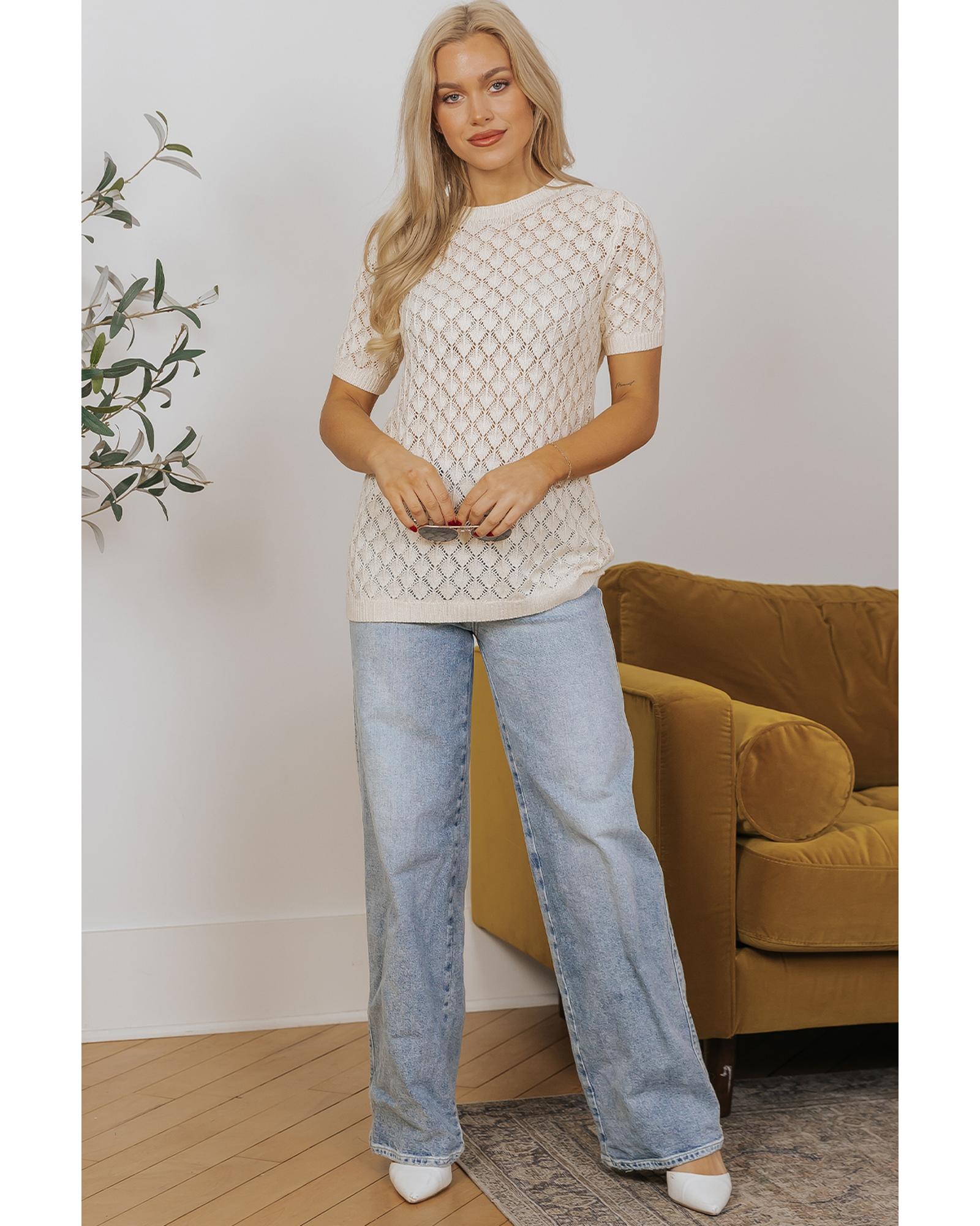 Beige Hollow Out Crochet O Neck Short Sleeve Sweater Tee - L