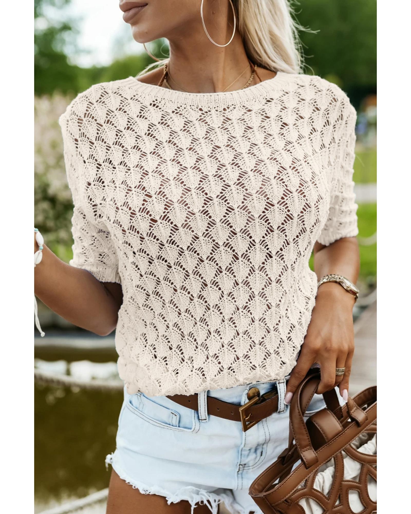 Beige Hollow Out Crochet O Neck Short Sleeve Sweater Tee - L
