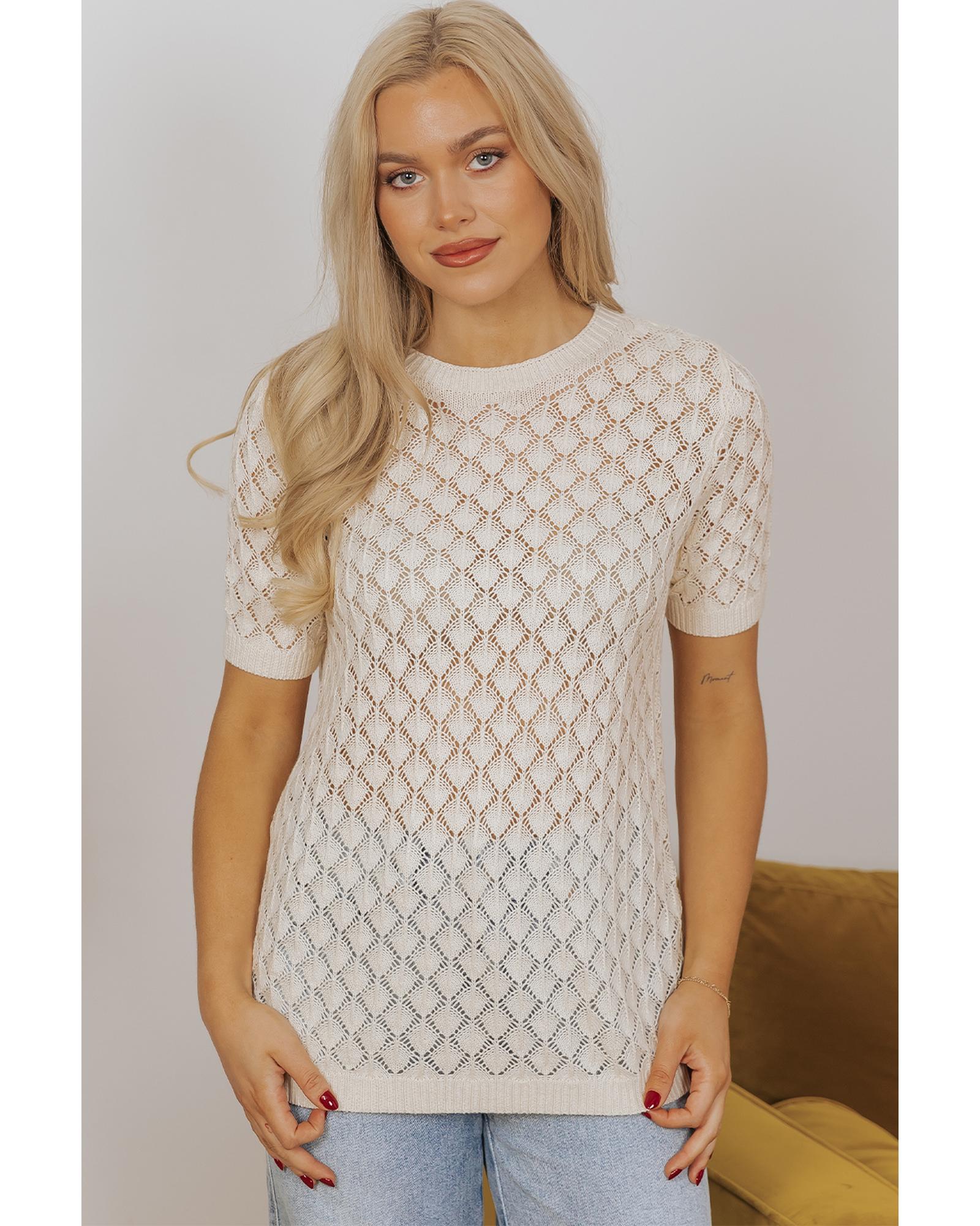 Beige Hollow Out Crochet O Neck Short Sleeve Sweater Tee - L