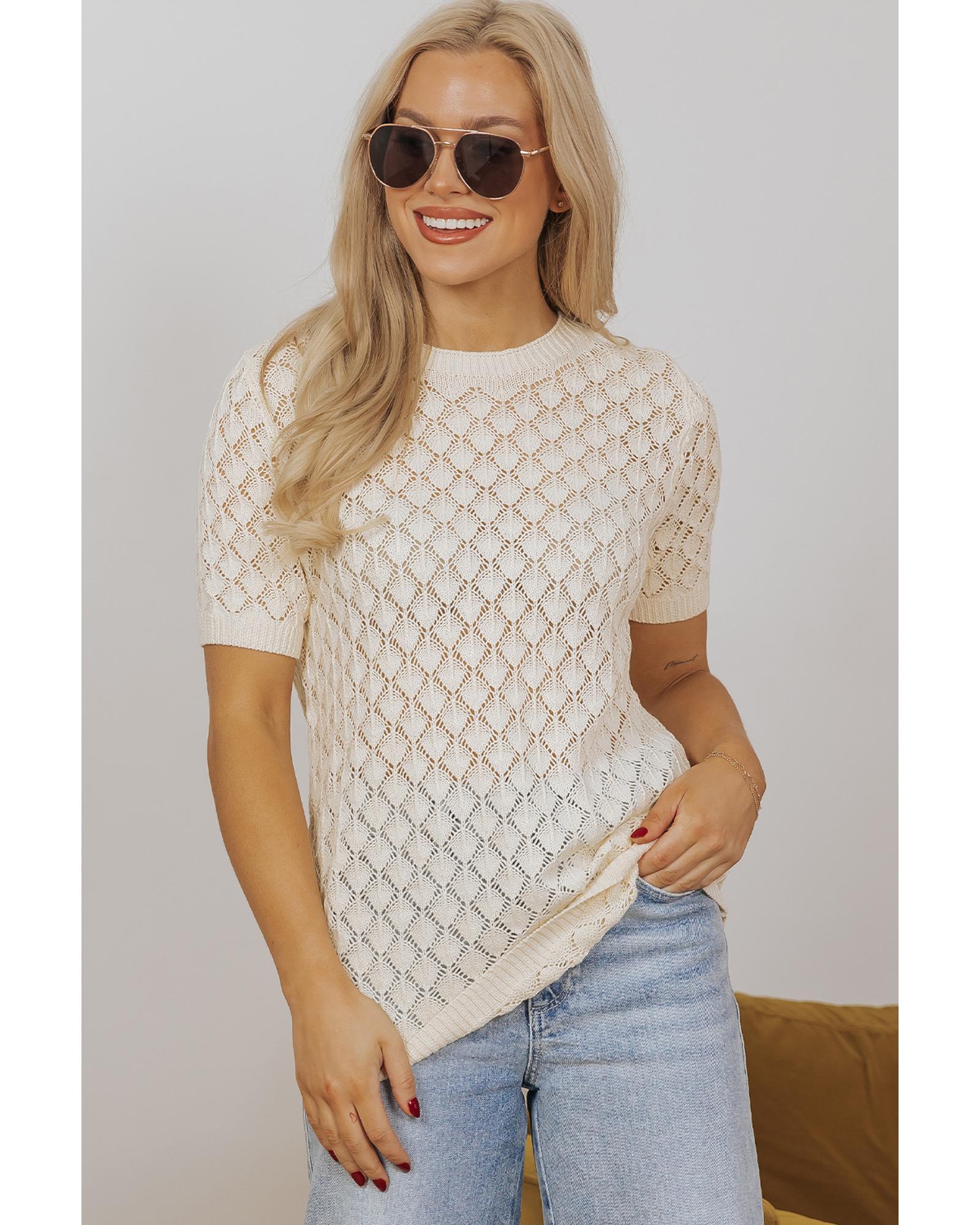 Beige Hollow Out Crochet O Neck Short Sleeve Sweater Tee - L