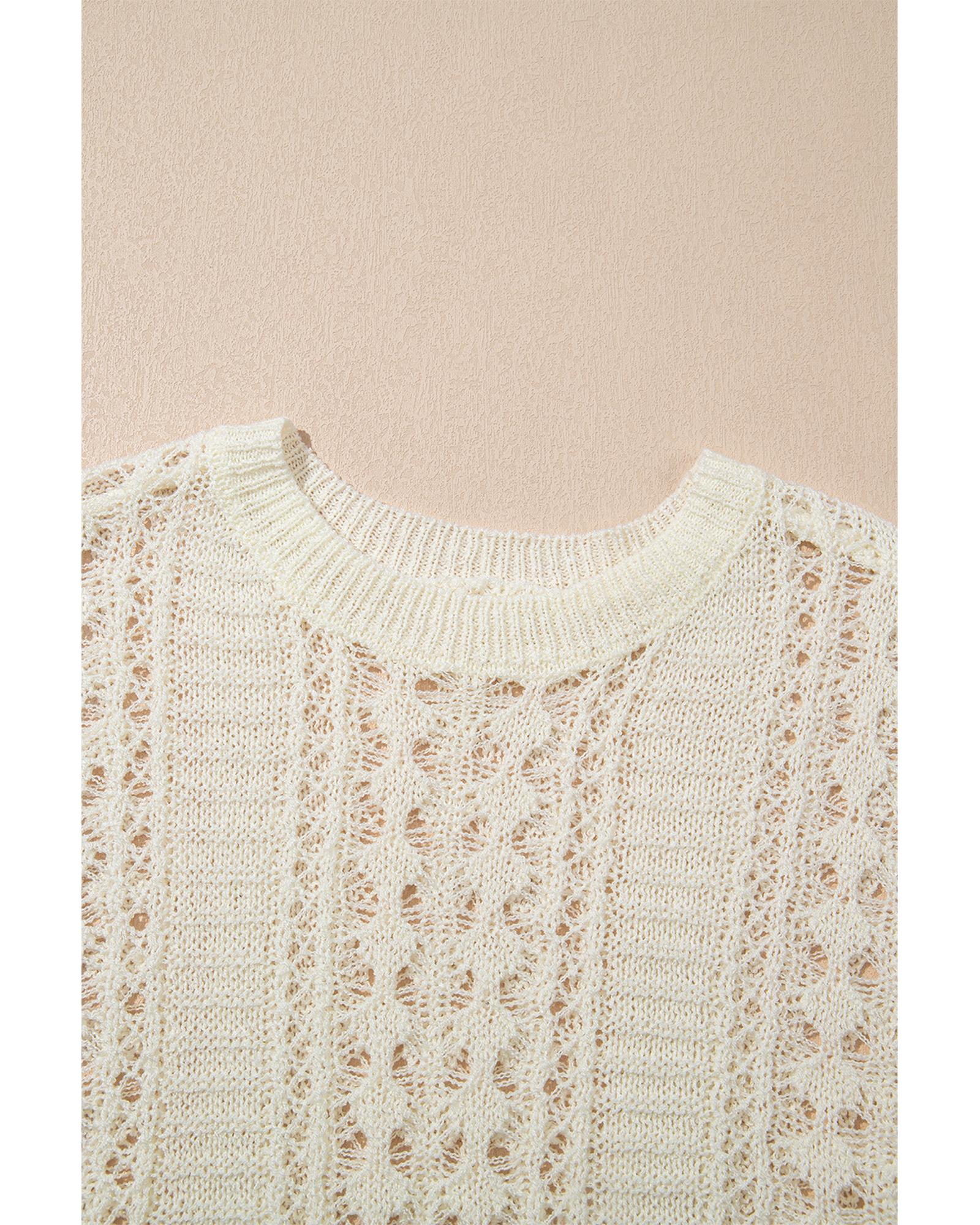 Azura Exchange White Hollow Out Knit Bracelet Sleeve Drop Shoulder Sweater - S