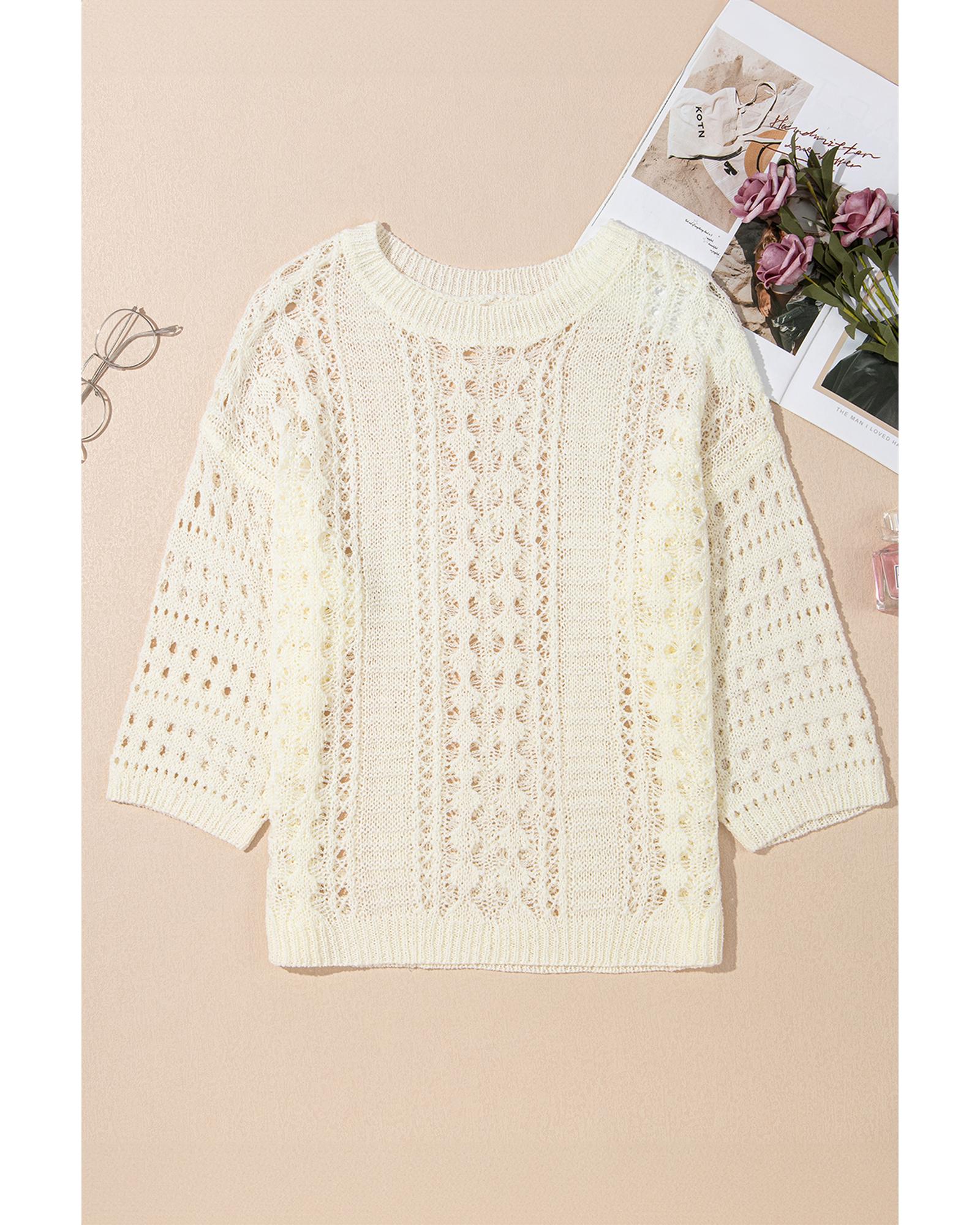 Azura Exchange White Hollow Out Knit Bracelet Sleeve Drop Shoulder Sweater - S