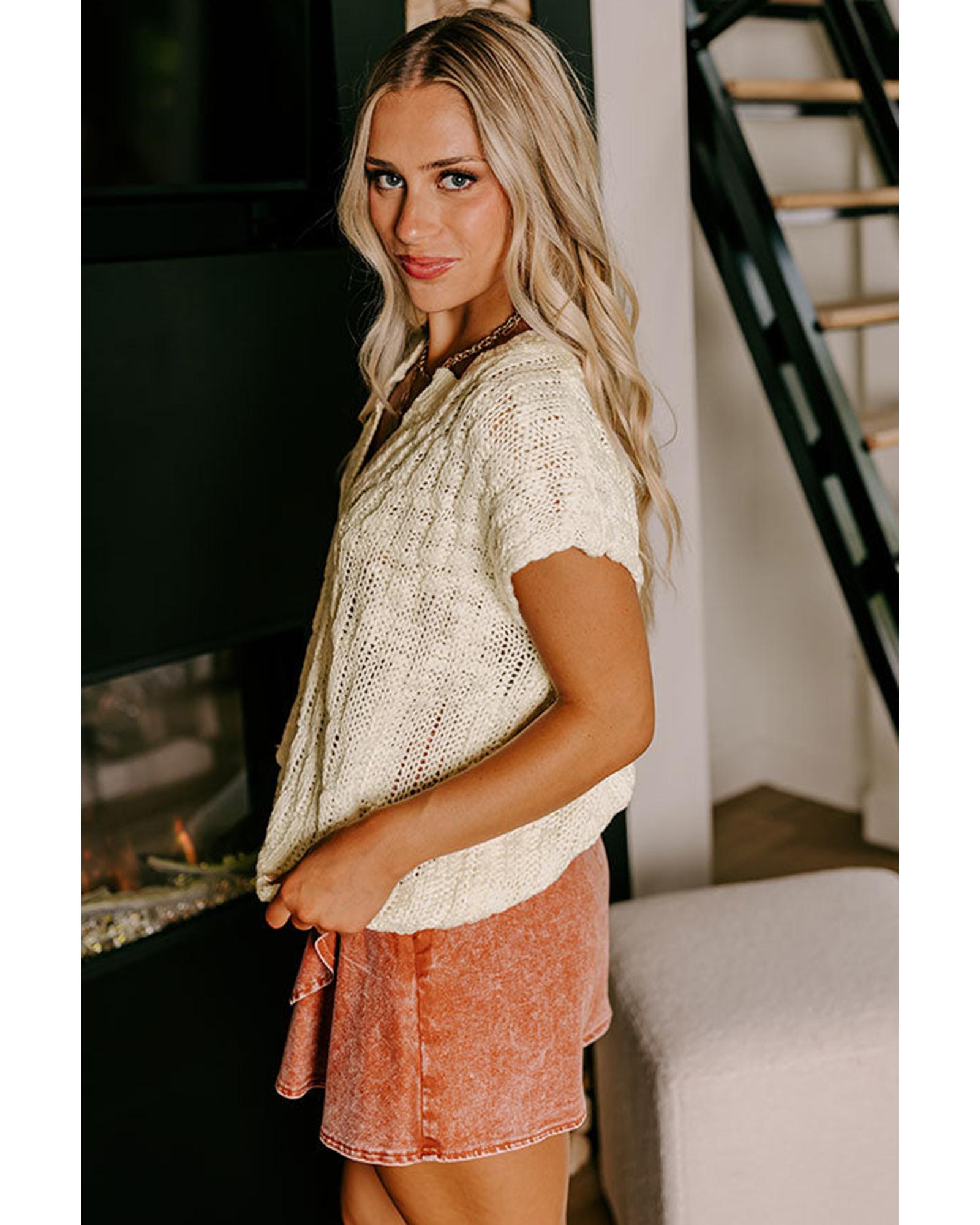 Beige Notched V Neck Short Sleeve Sweater - L