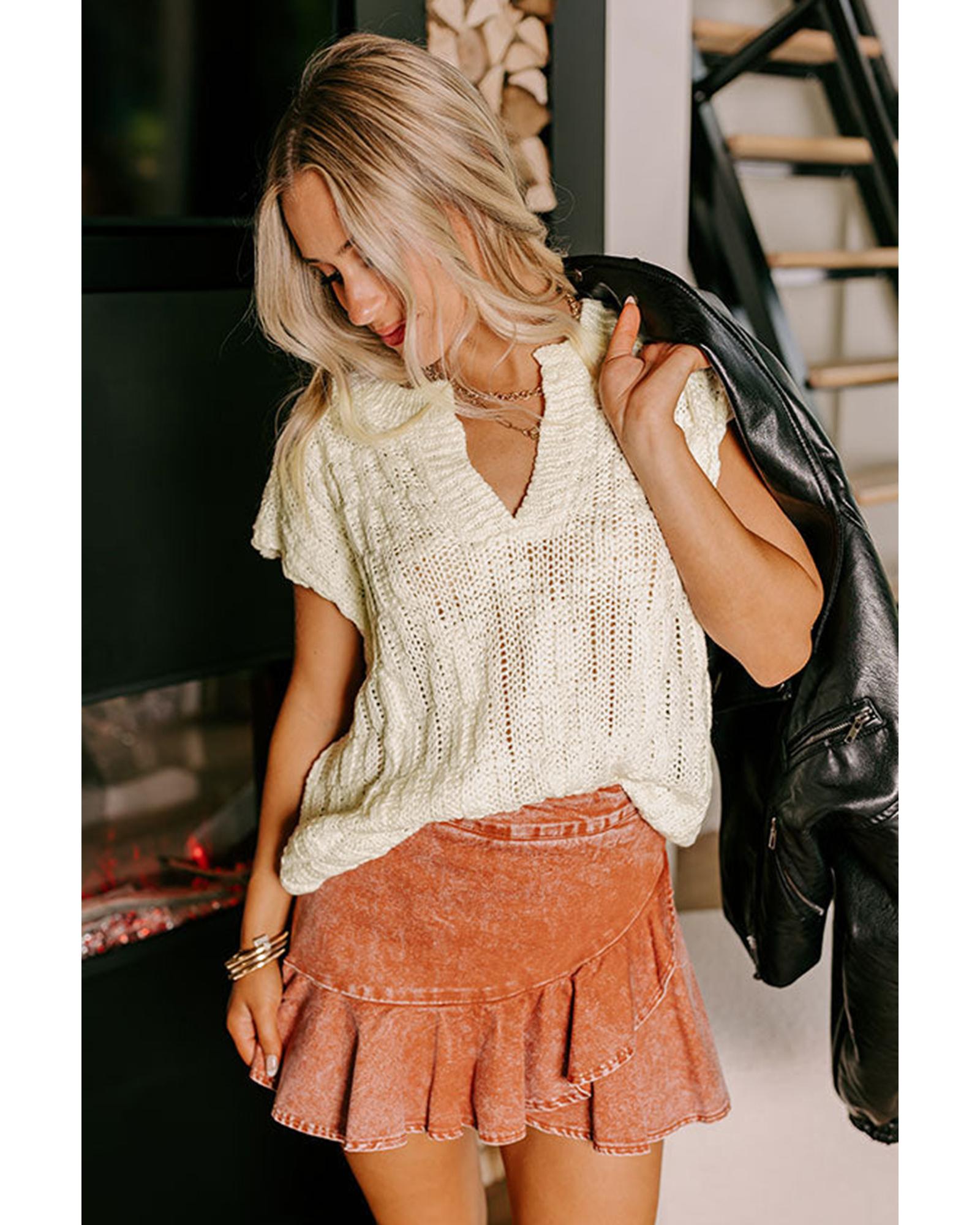 Beige Notched V Neck Short Sleeve Sweater - L