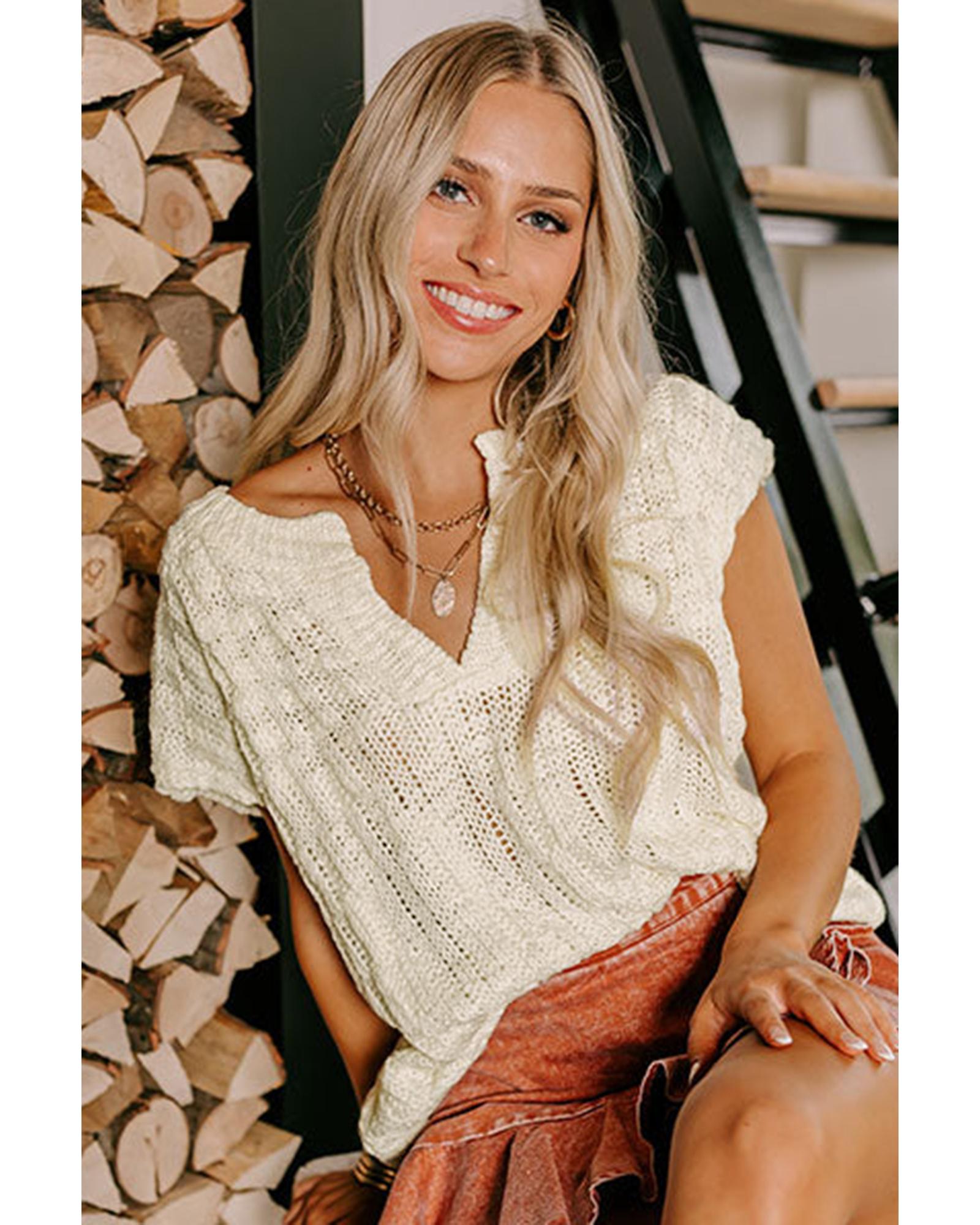 Beige Notched V Neck Short Sleeve Sweater - L