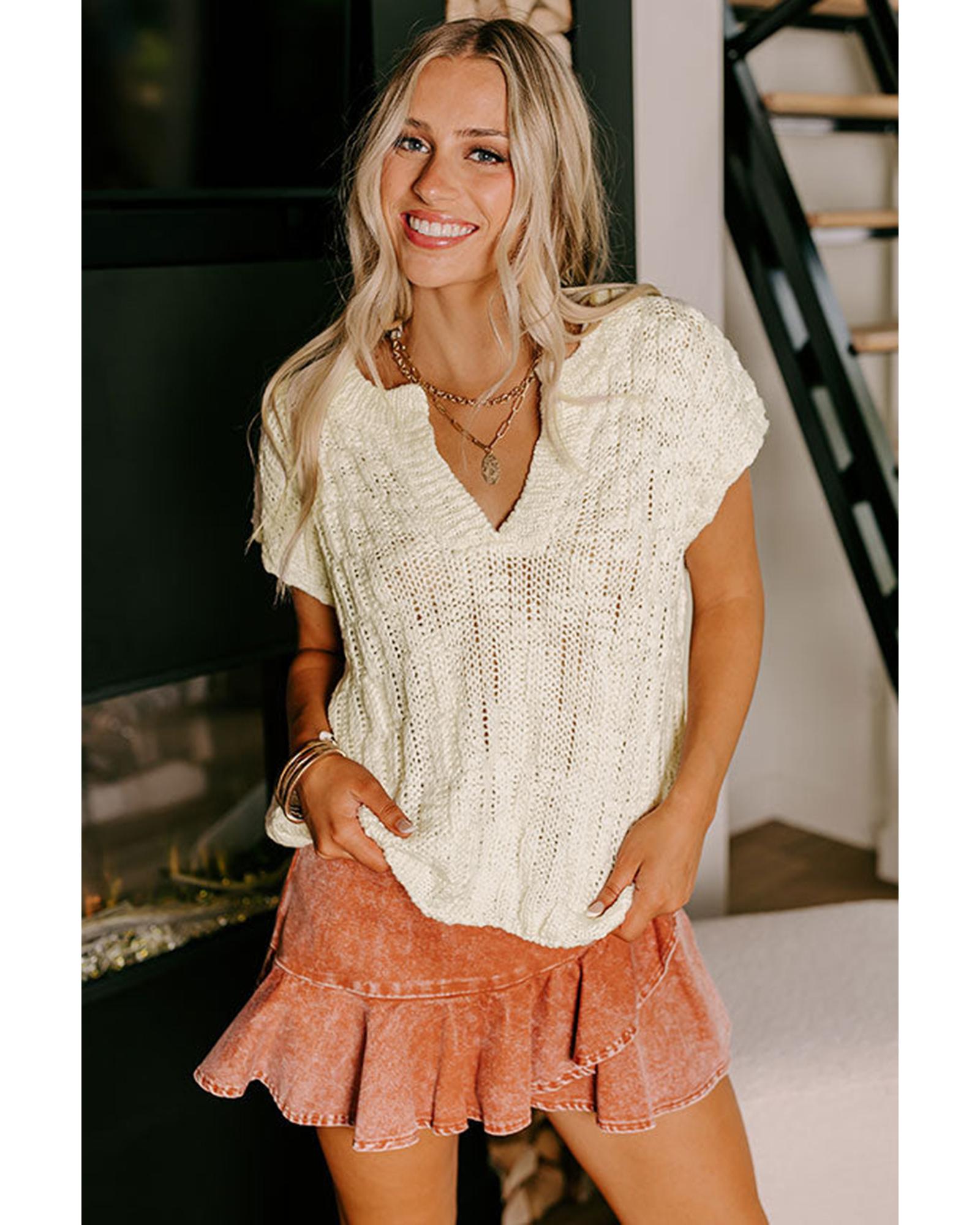 Beige Notched V Neck Short Sleeve Sweater - L