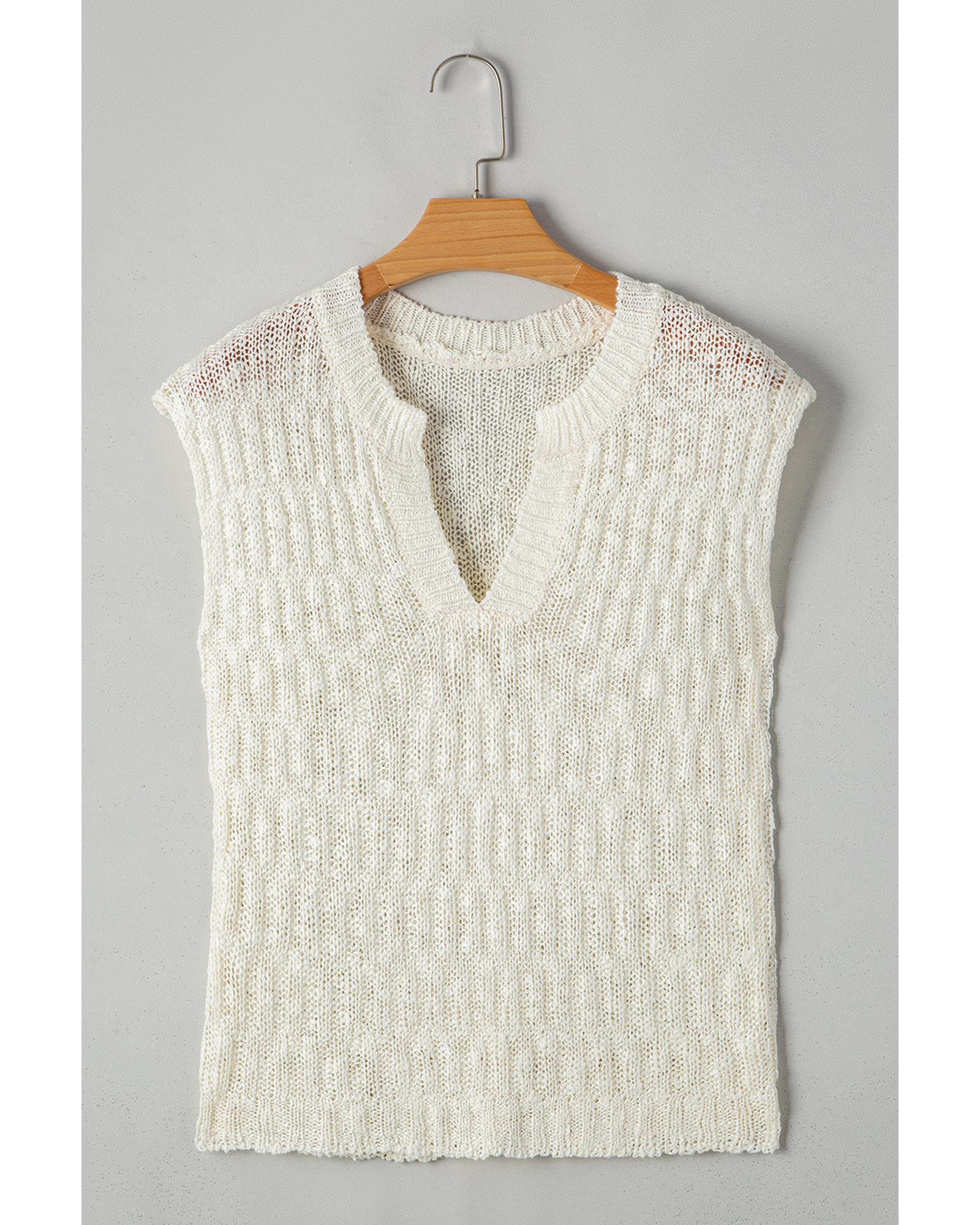Beige Notched V Neck Short Sleeve Sweater - L
