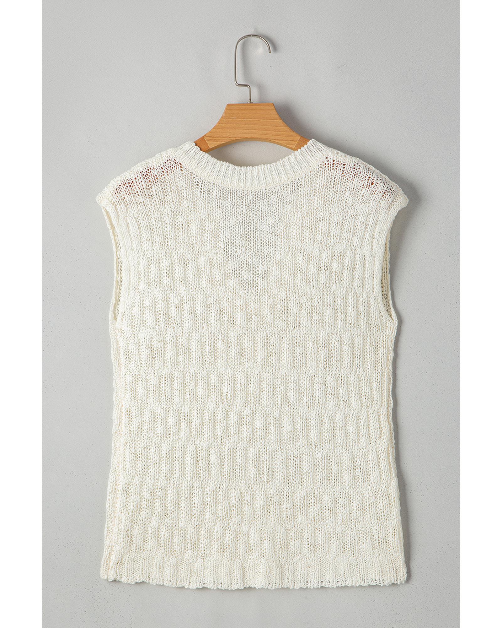 Beige Notched V Neck Short Sleeve Sweater - L