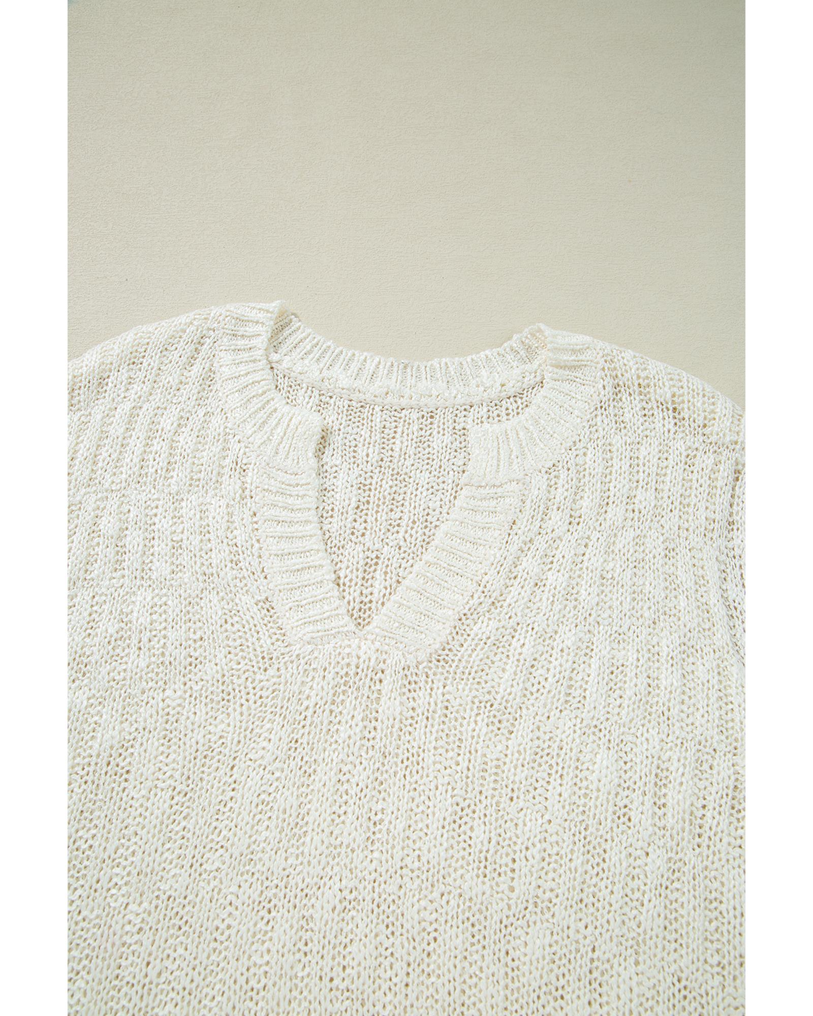 Beige Notched V Neck Short Sleeve Sweater - L