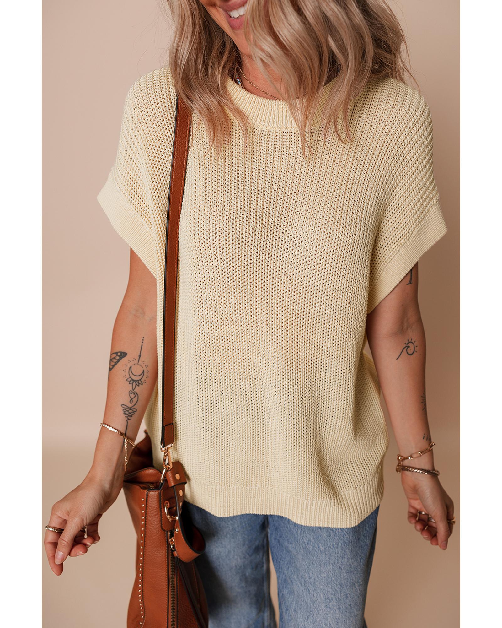 Oatmeal Solid Color Batwing Short Sleeve Round Neck Knit T Shirt - L