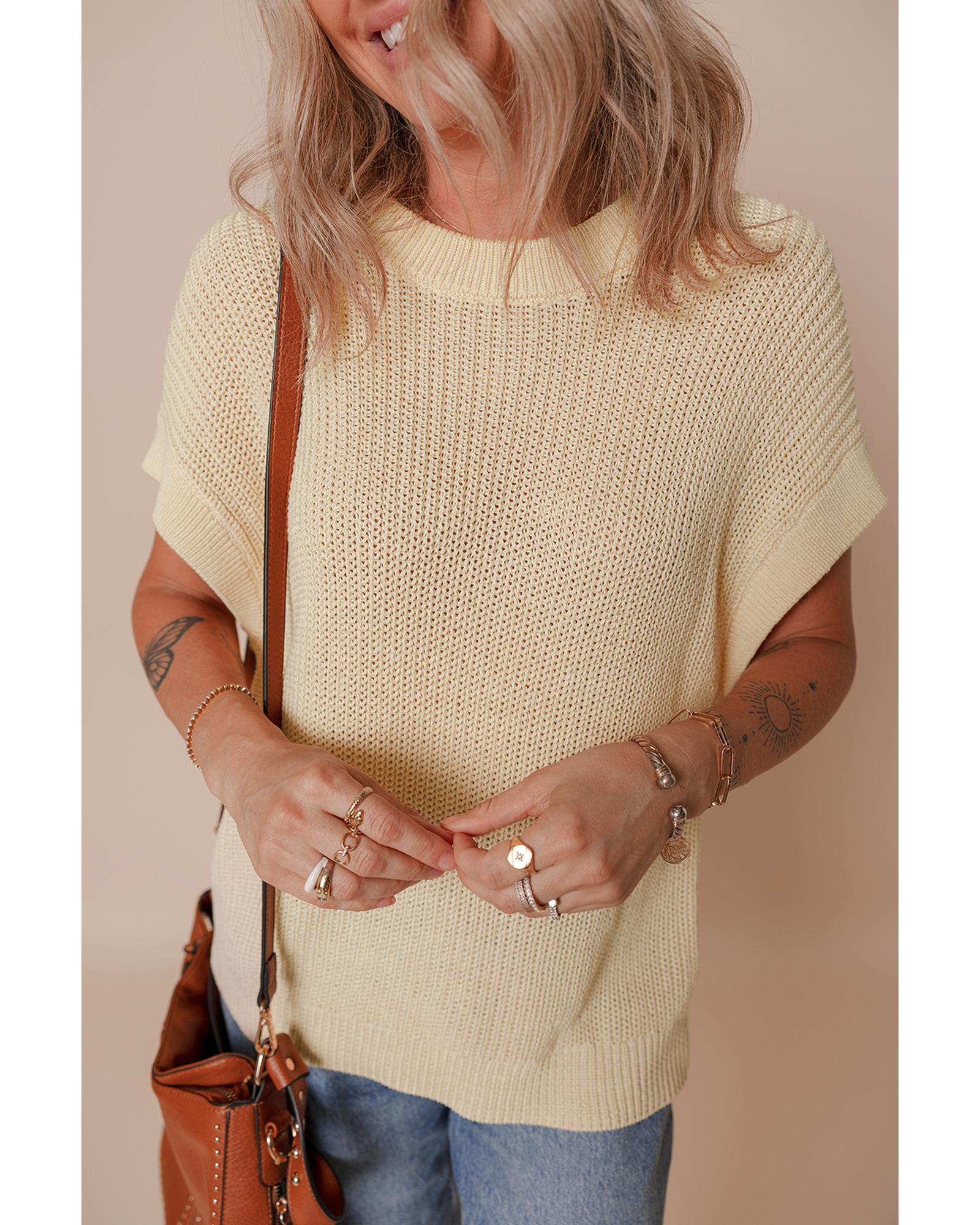 Oatmeal Solid Color Batwing Short Sleeve Round Neck Knit T Shirt - M