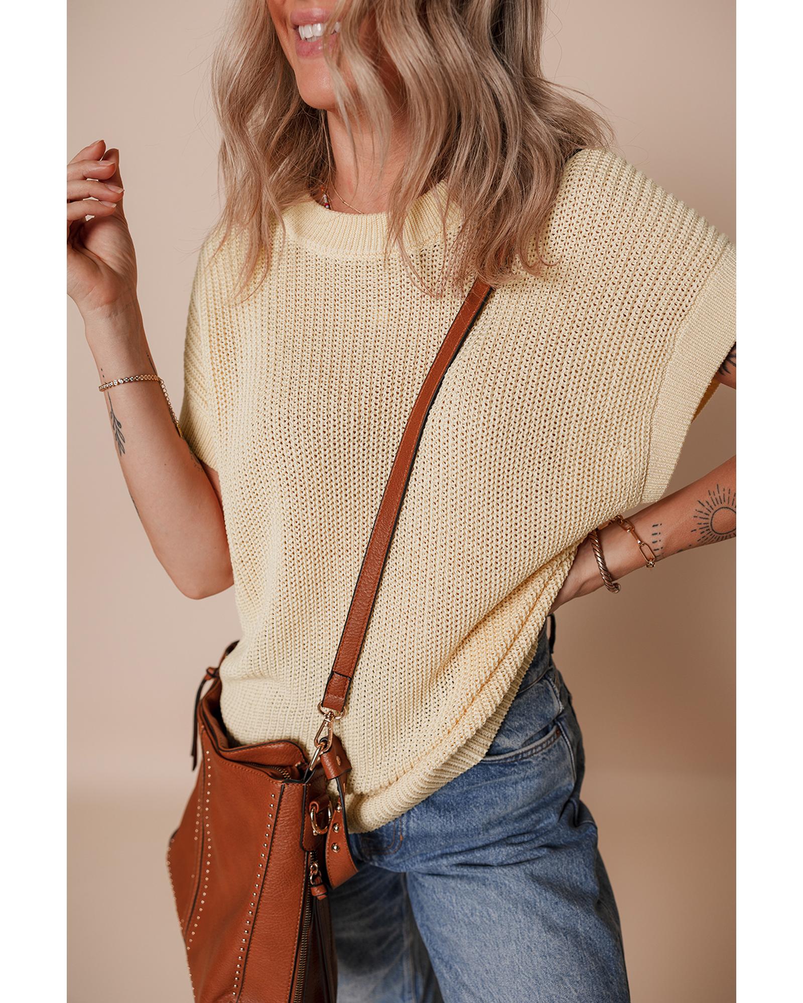 Oatmeal Solid Color Batwing Short Sleeve Round Neck Knit T Shirt - S