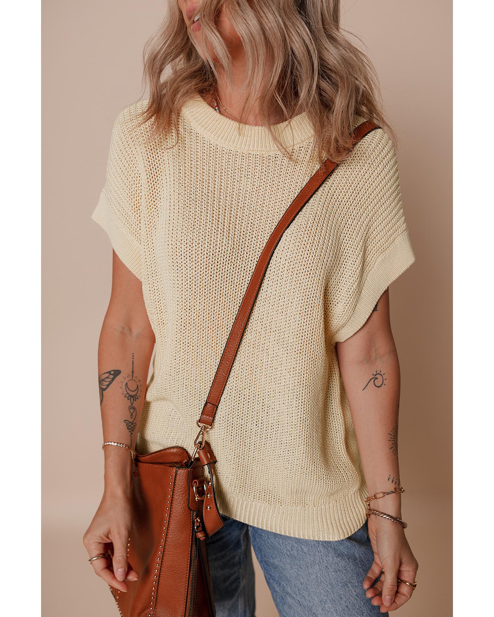 Oatmeal Solid Color Batwing Short Sleeve Round Neck Knit T Shirt - S