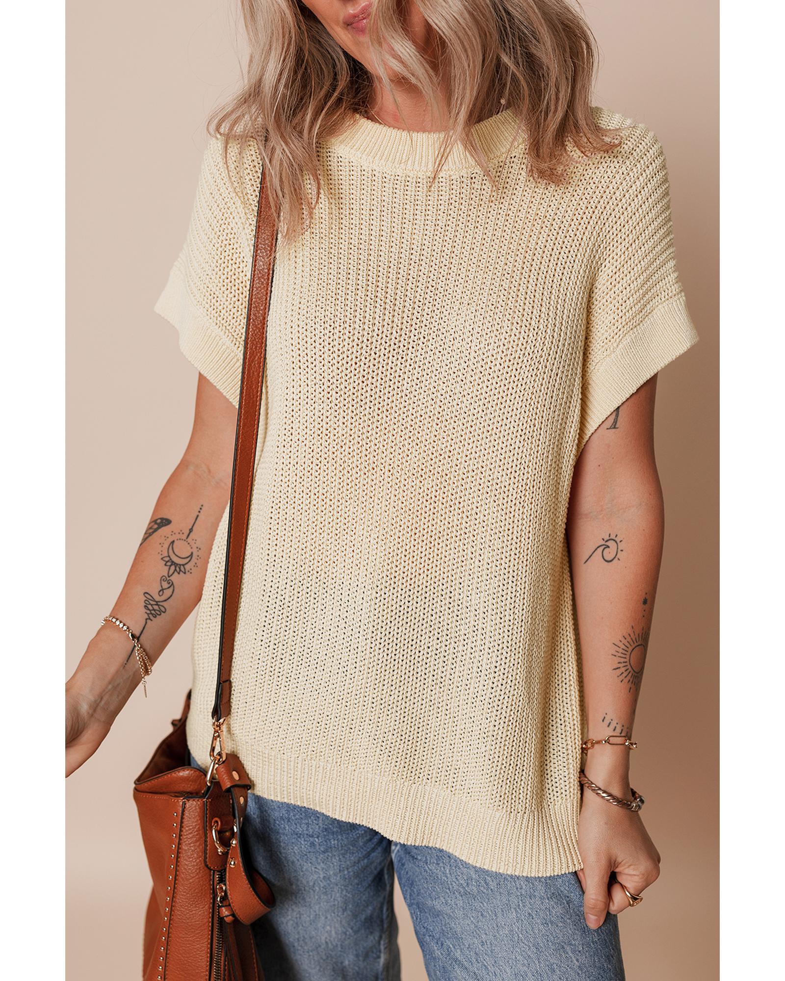 Oatmeal Solid Color Batwing Short Sleeve Round Neck Knit T Shirt - S