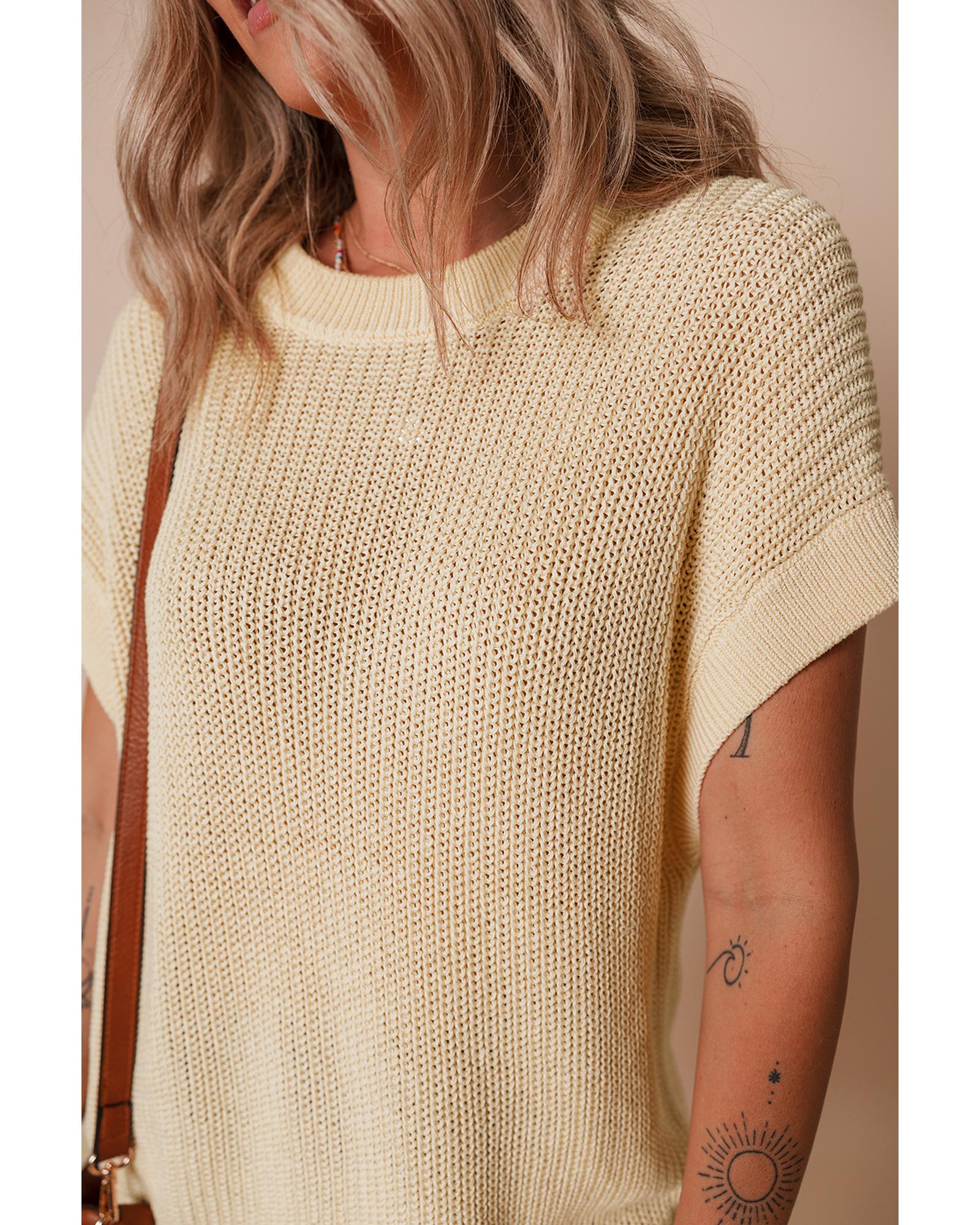 Oatmeal Solid Color Batwing Short Sleeve Round Neck Knit T Shirt - S